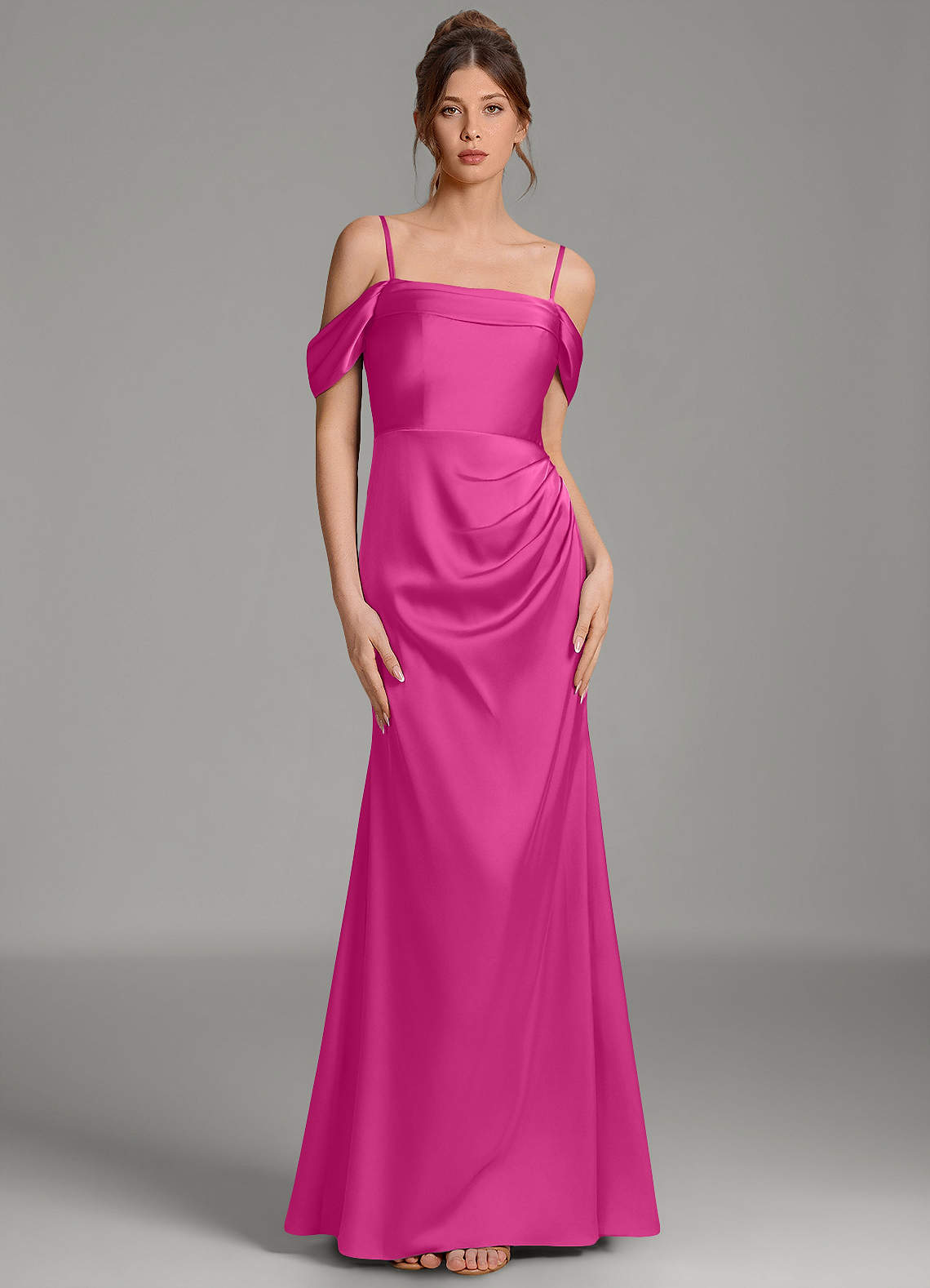 Wyatt Mermaid Off-the-Shoulder Stretch Satin Bridesmaid Dress in Fuchsia