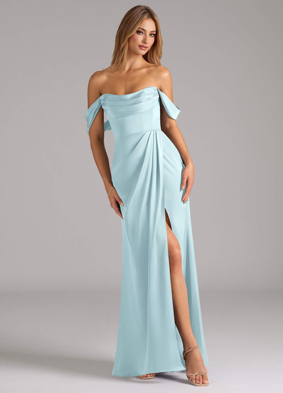 Johana Mermaid Off-the-Shoulder Stretch Satin Bridesmaid Dress in Cloud Blue