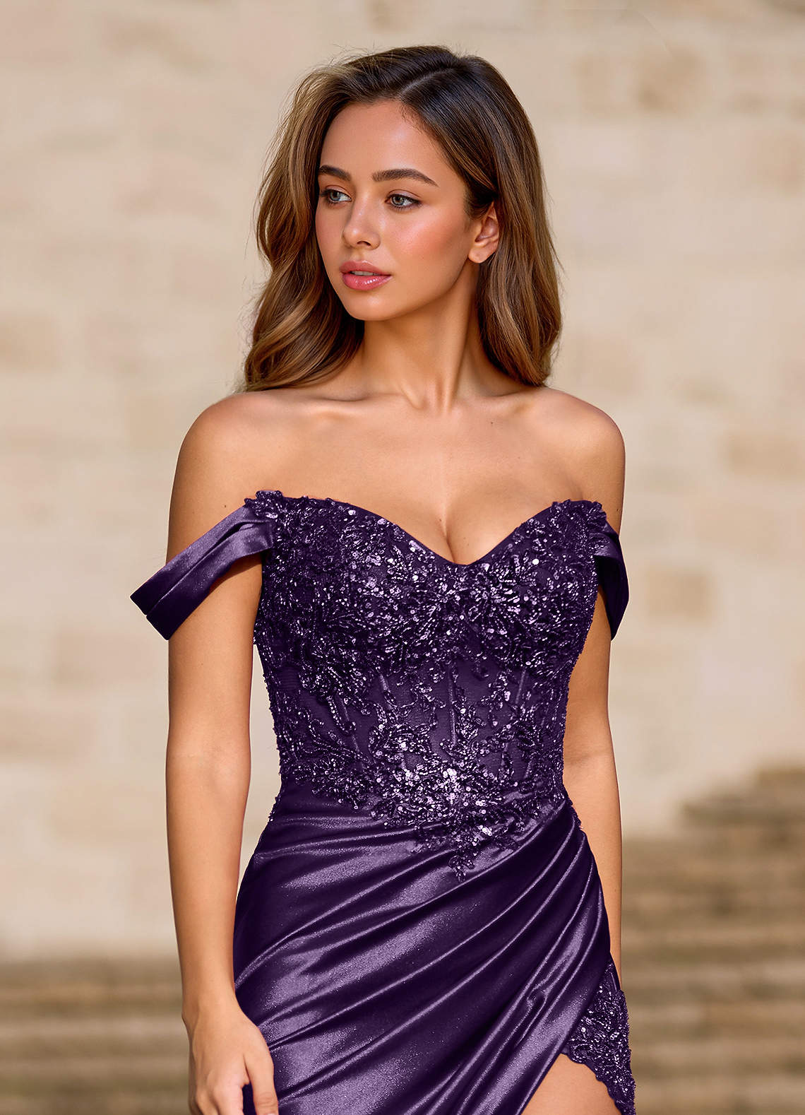 Opulence Mermaid Off-the-Shoulder Satin Evening Dress in Plum