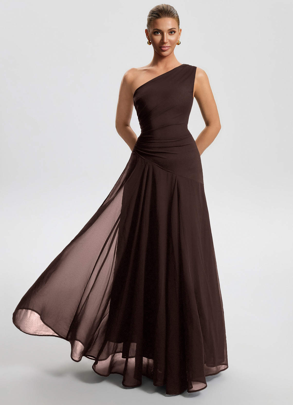 Sylvaine A-Line One-Shoulder Chiffon Wedding Guest Dress in Ganache