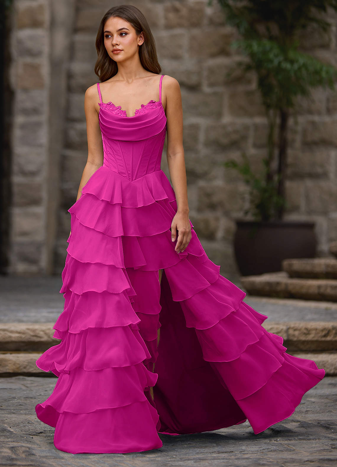 Floralace A-Line Ruffle Chiffon Evening Dress in Hot Pink