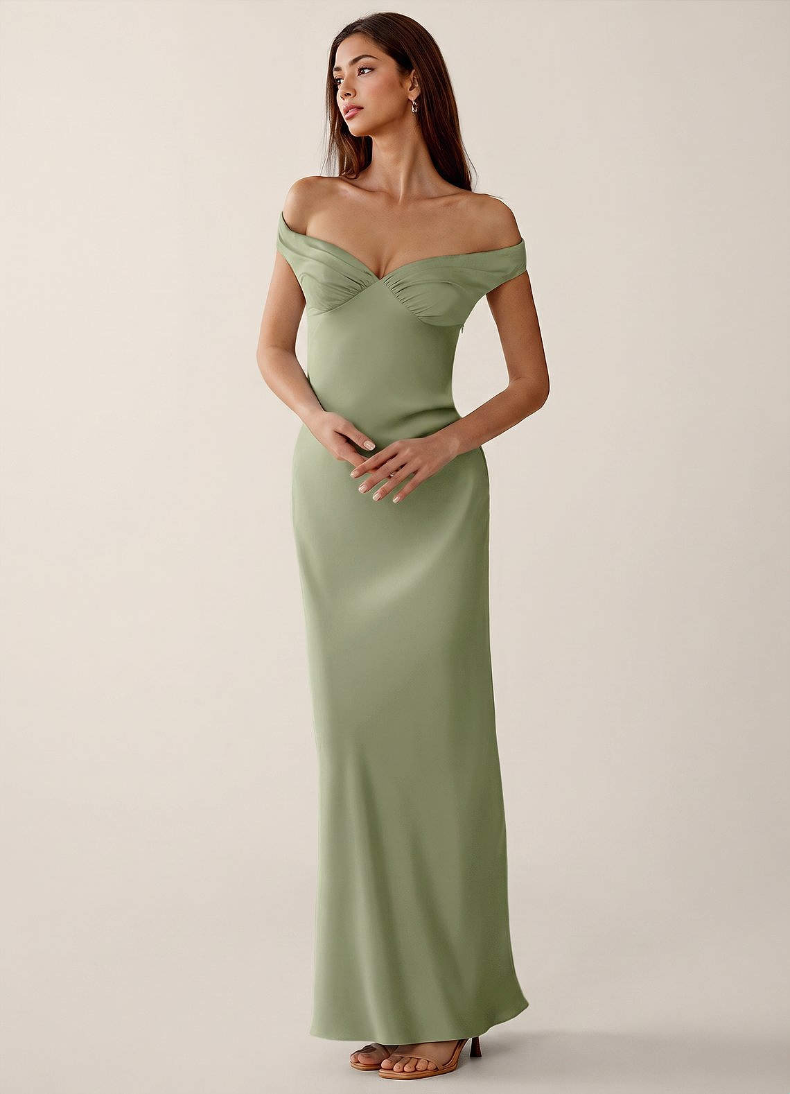 Gwendonme Sheath Off-the-Shoulder Satin Crystal Linen Evening Dress in Pistachio