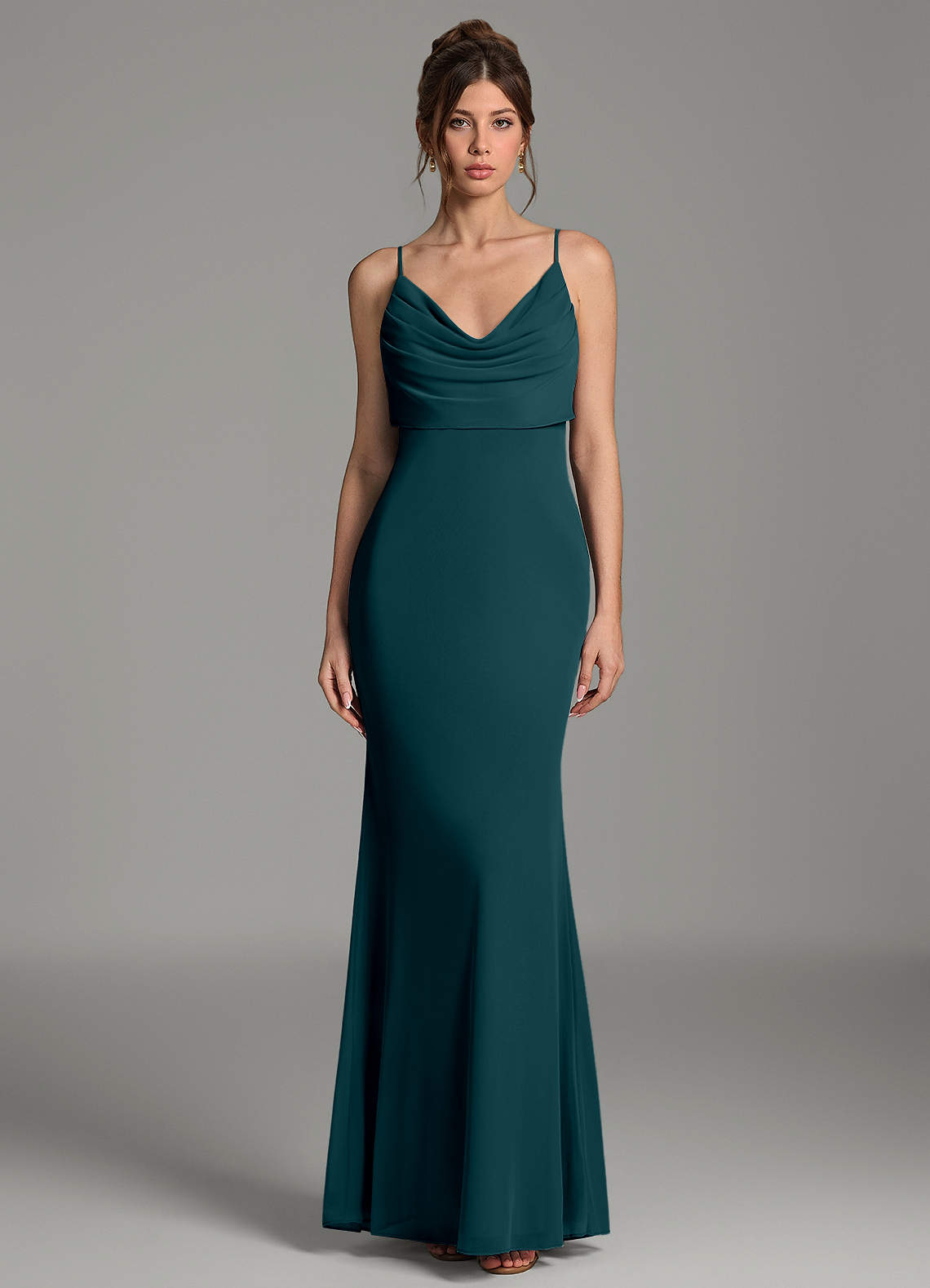 Zari Mermaid Cowl-Neck Mesh Bridesmaid Dress in Pine