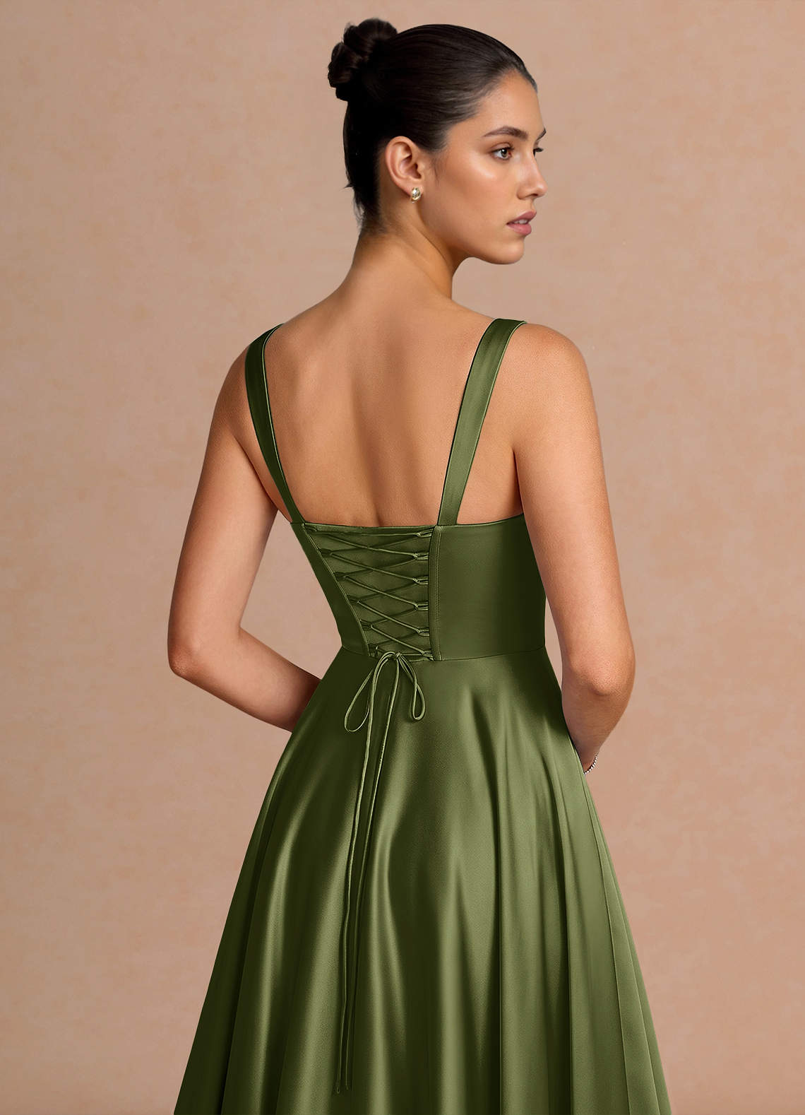 Azaria A-Line Square-Neck Stretch Satin Wedding Guest Dress in Olive