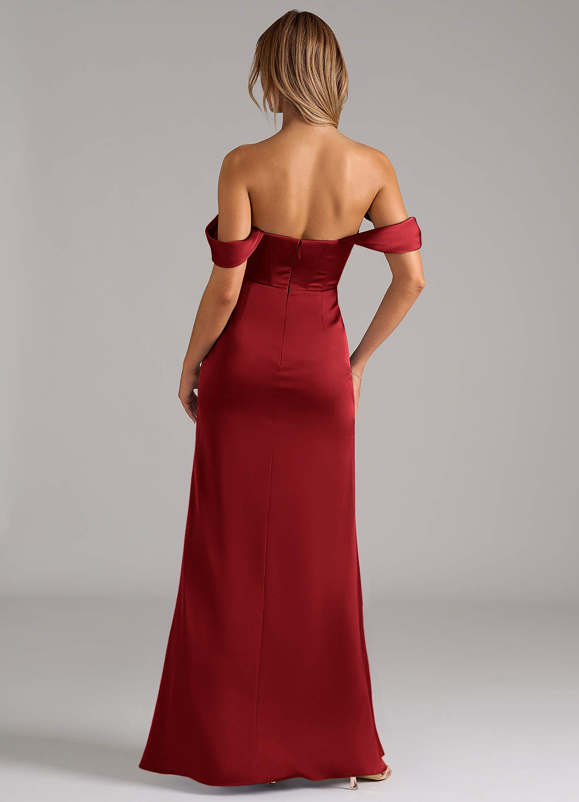 Johana Mermaid Off-the-Shoulder Stretch Satin Bridesmaid Dress in Scarlet