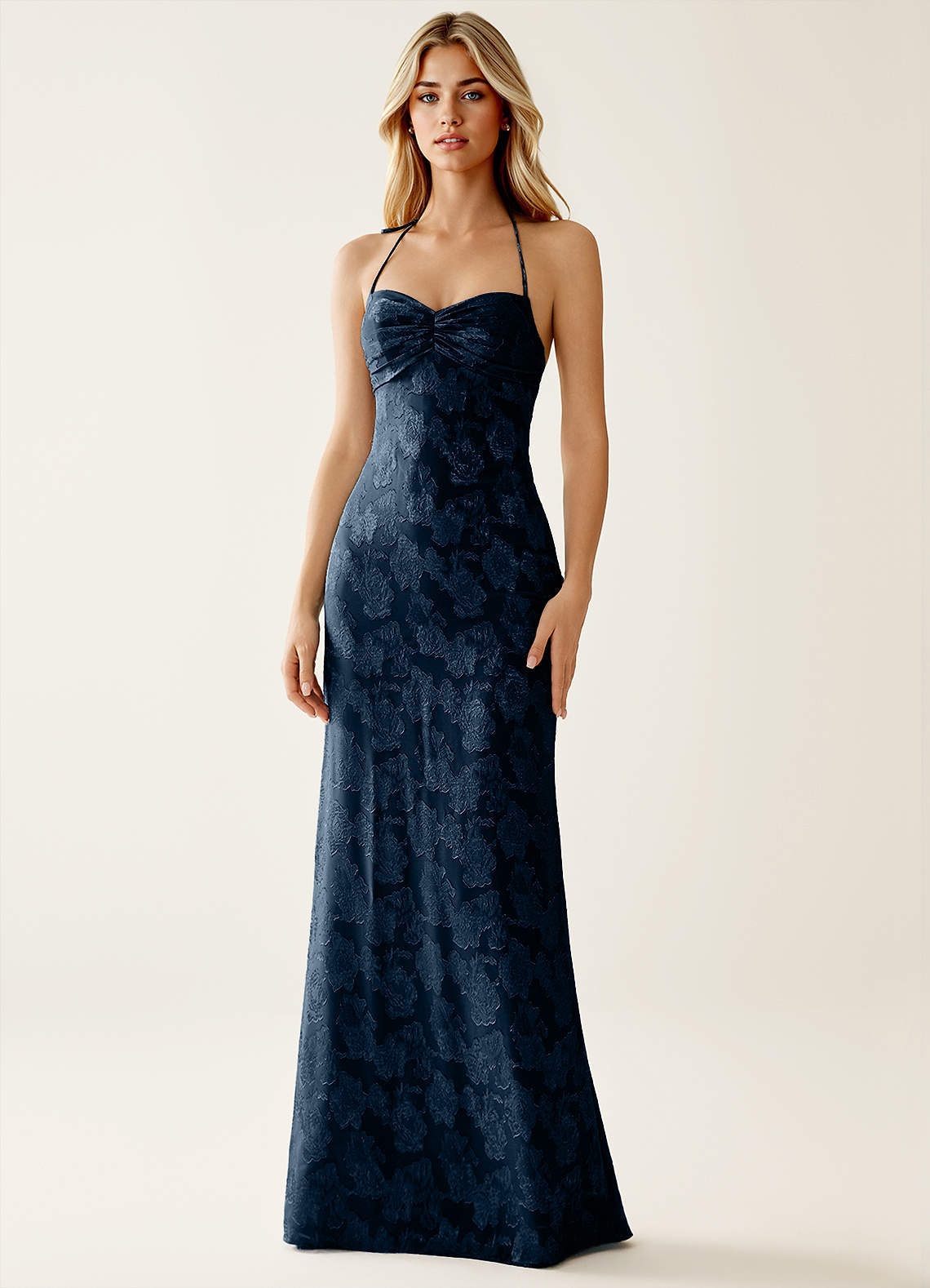 Angena Sheath Halter Floral Burnout Evening Dress in Navy