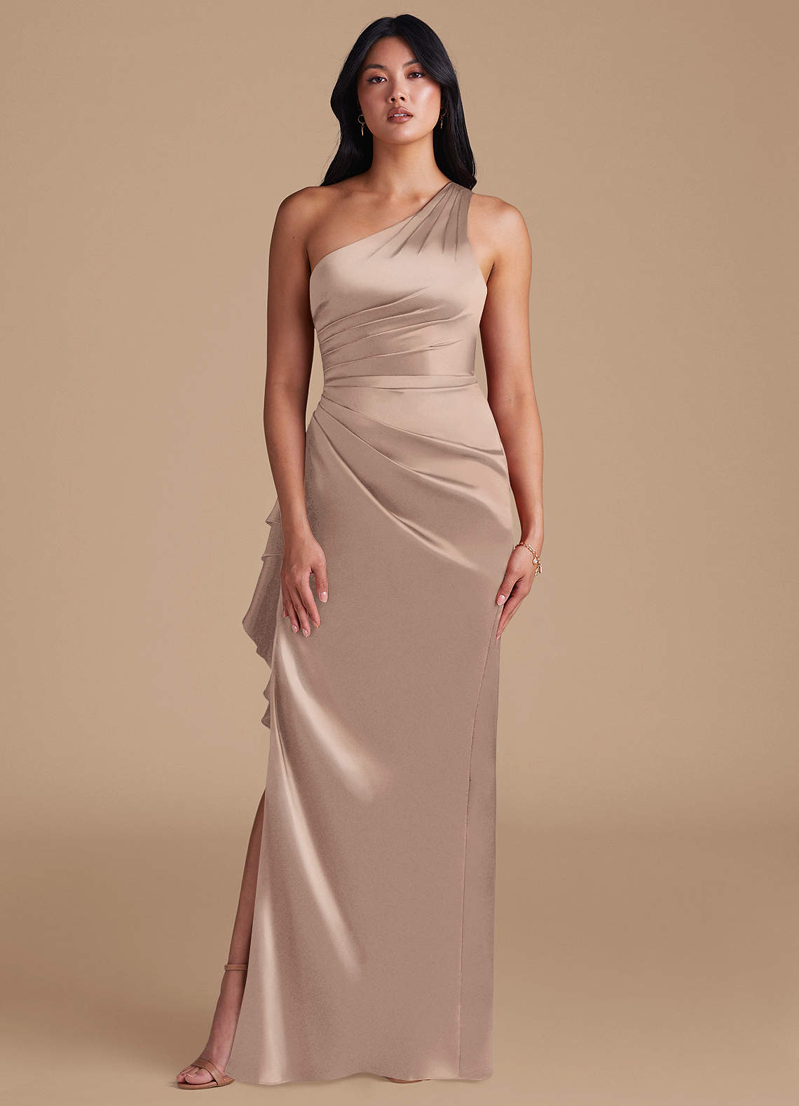 Latrice Sheath One-Shoulder Metallic Satin Bridesmaid Dress in Taupe