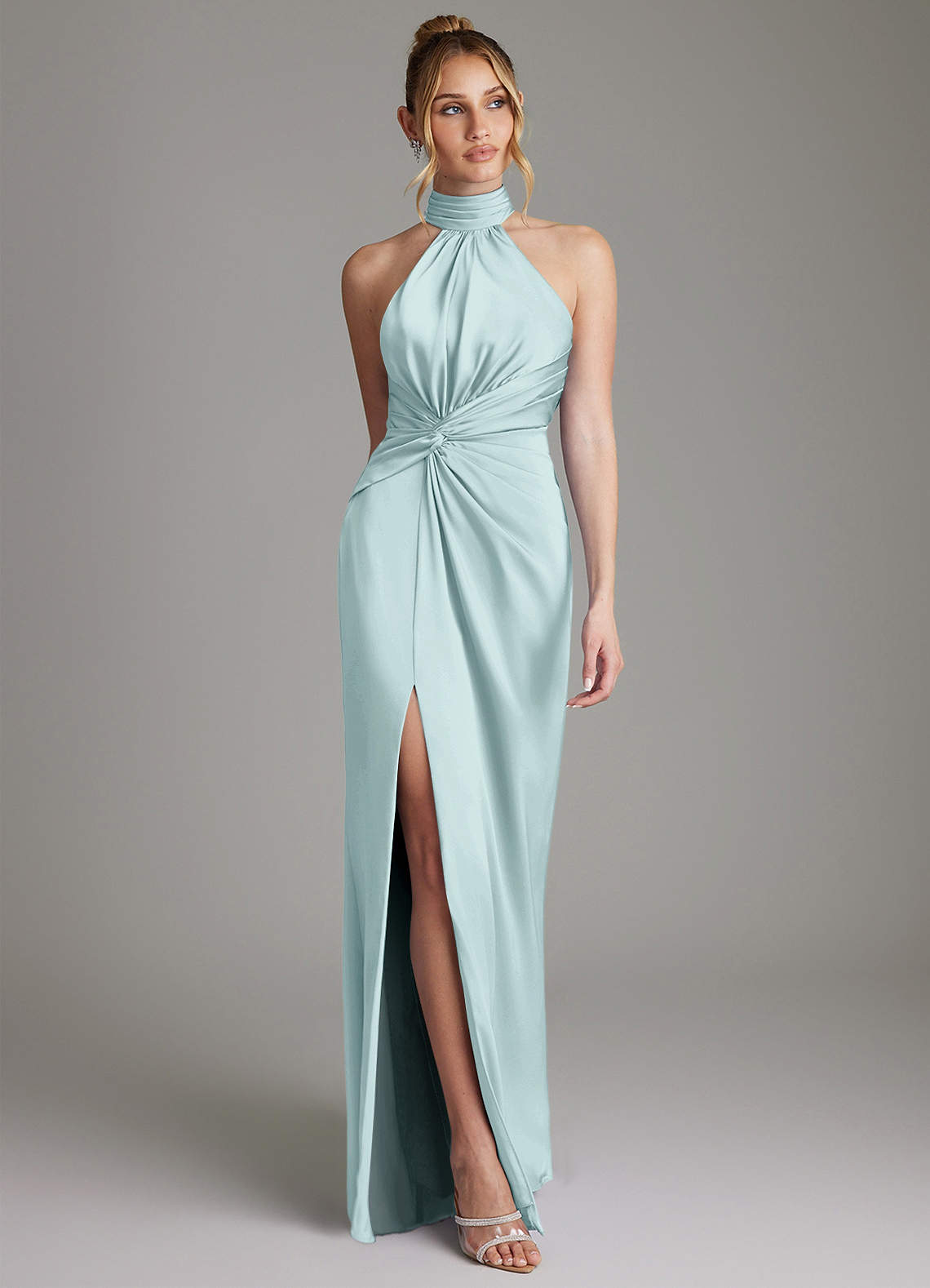 Gracelynn Sheath Halter Stretch Satin Bridesmaid Dress in Mist
