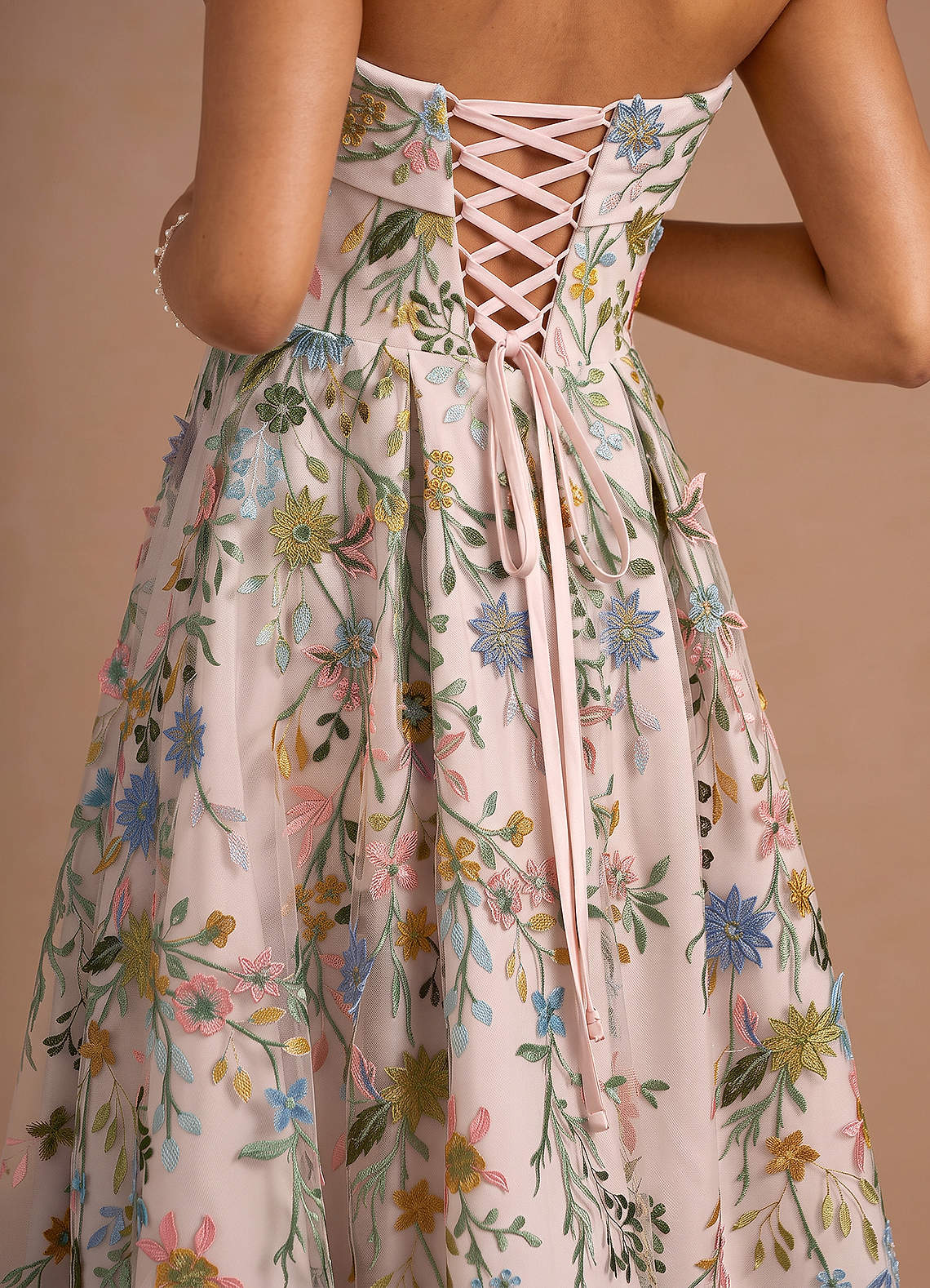 Evangeline Strapless Corset Floral Lace Evening Dress in Blush Pink Multi