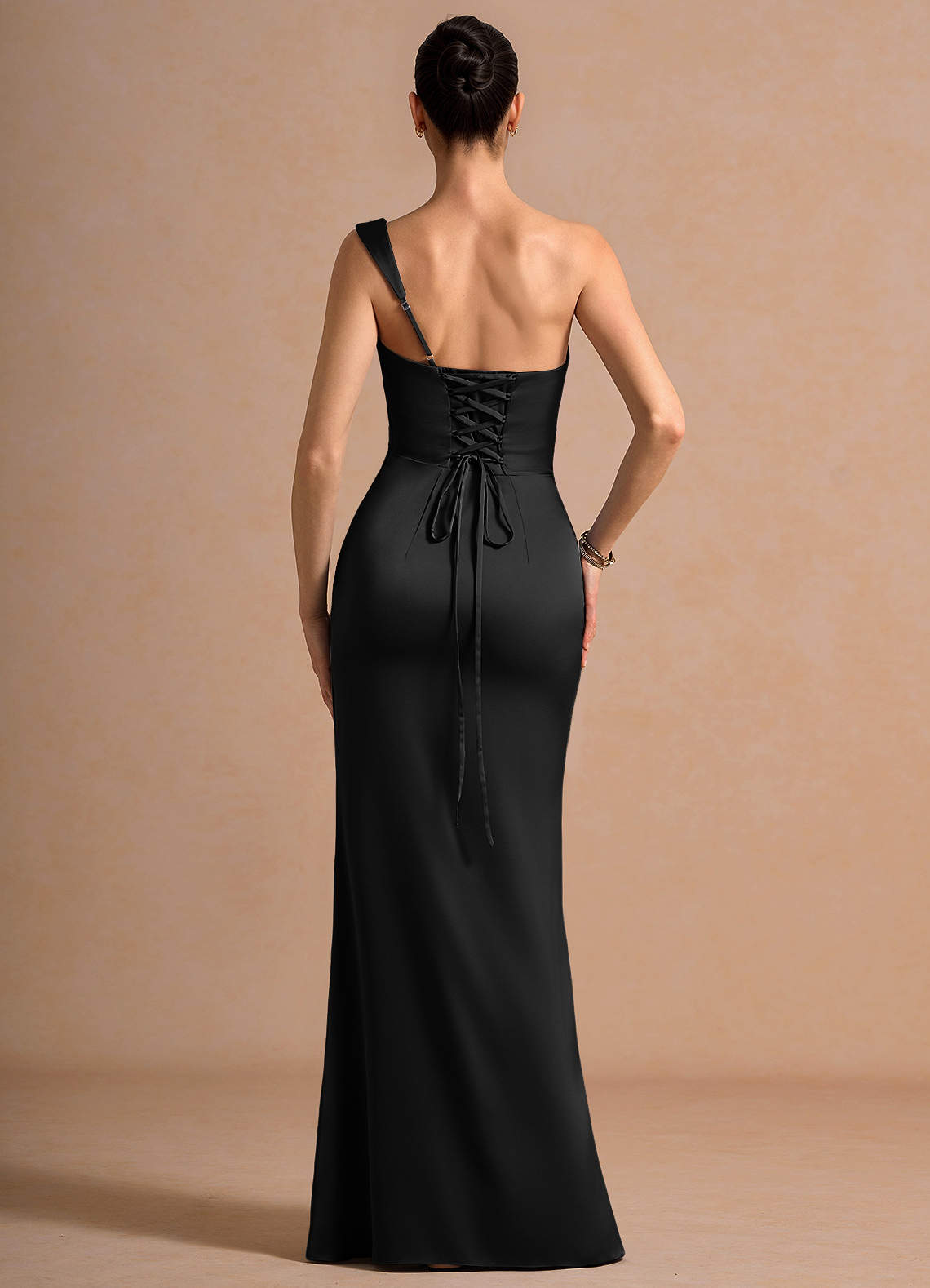 Cassiopeia One-Shoulder Draped Stretch Satin Evening Dress in black