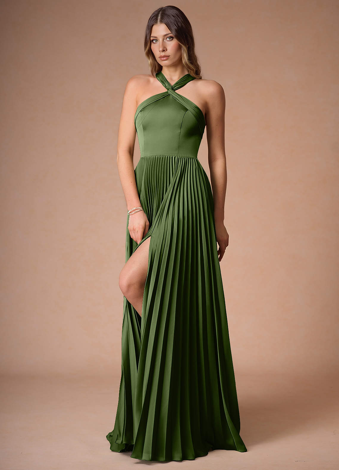 Afra A-Line Pleated Stretch Satin Wedding Guest Dress in Olive Green