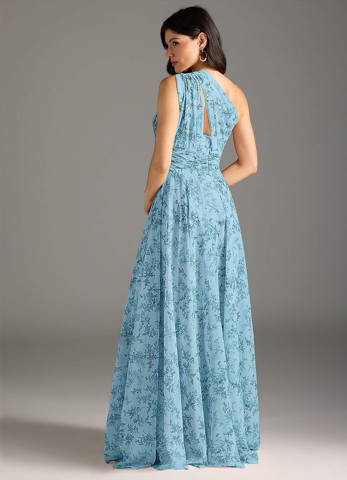 Charlize A-Line One-Shoulder Chiffon Bridesmaid Dress in Blue Fern Floral