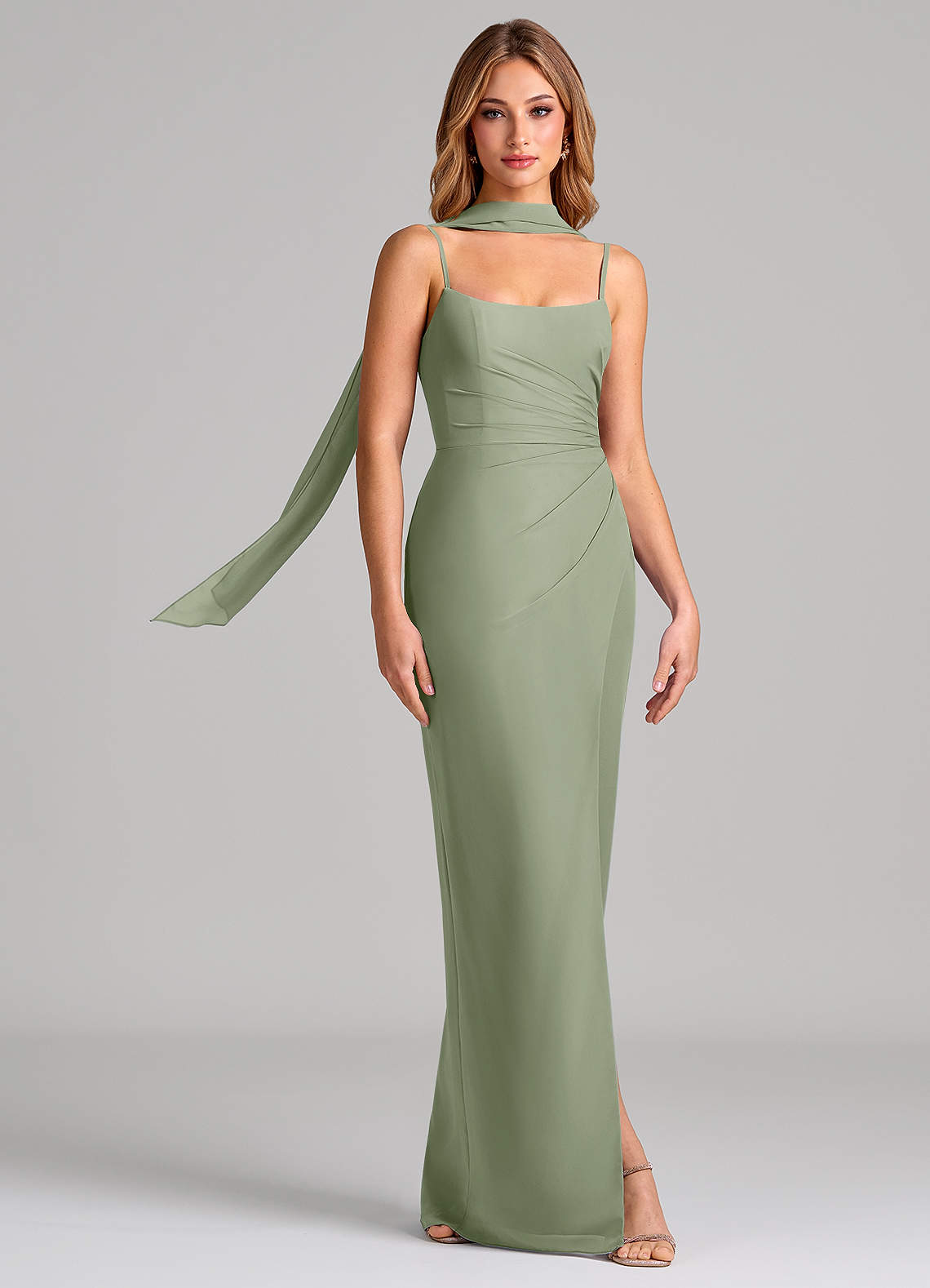 Calandra Sheath Scoop-Neck Chiffon Bridesmaid Dress in Pistachio