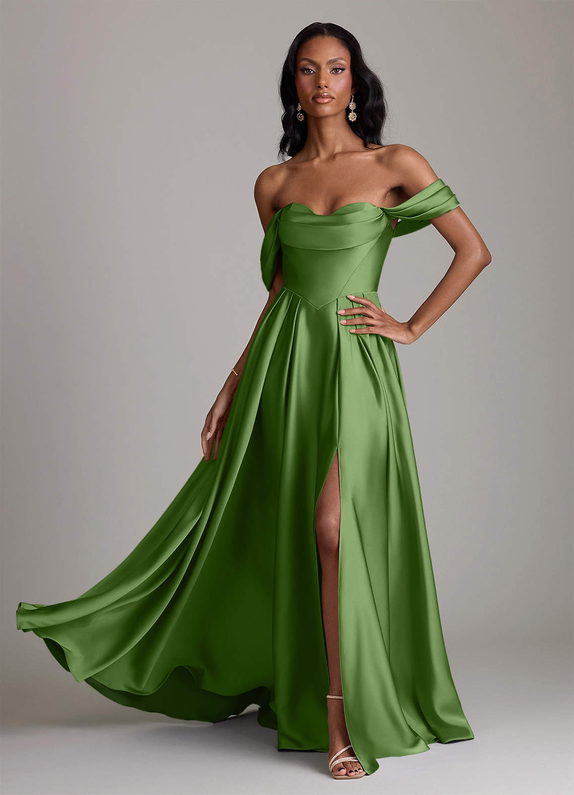 Loisa A-Line Off-the-Shoulder Stretch Satin Bridesmaid Dress in Basil