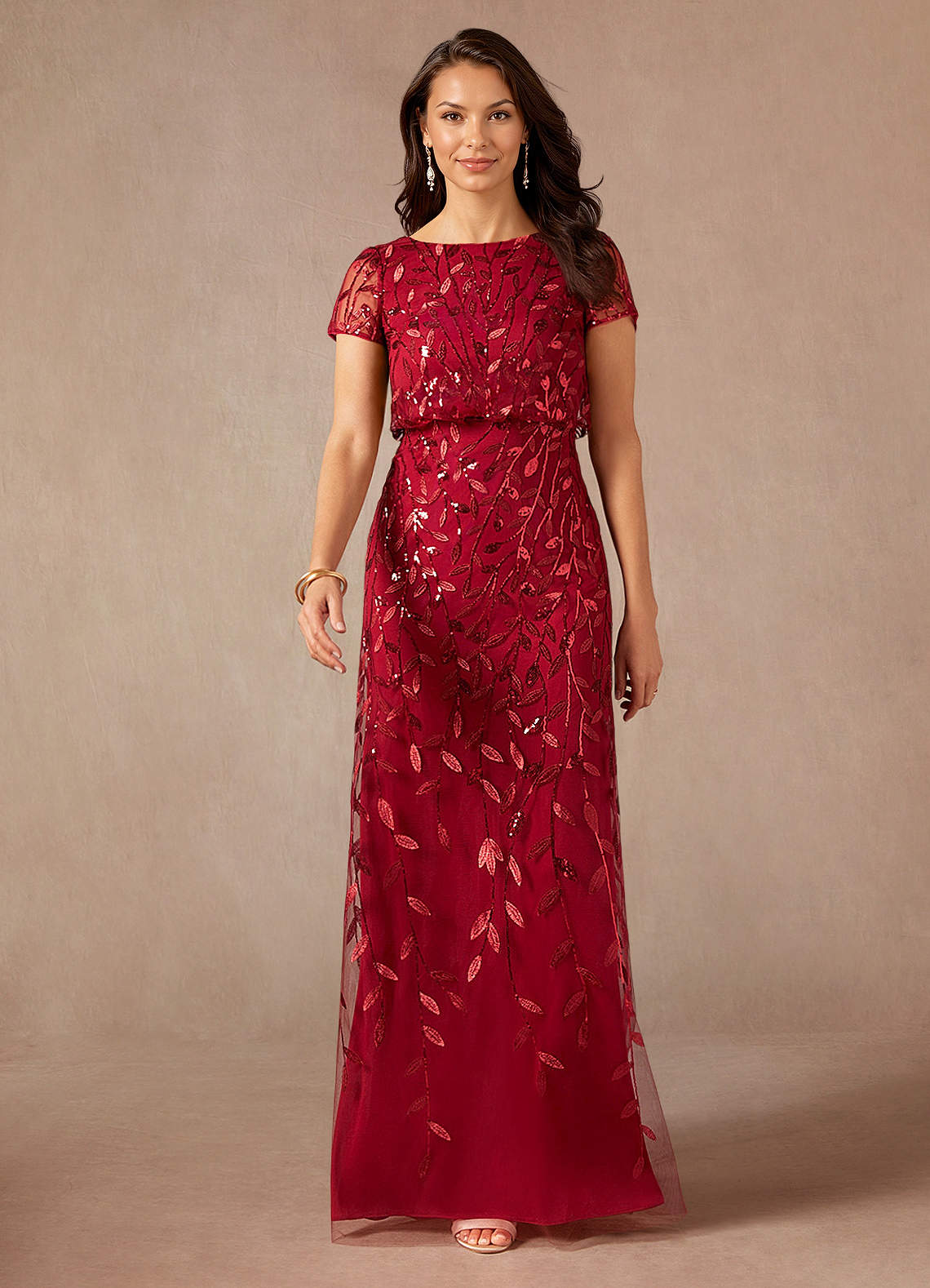 Lehi A-Line Boat-Neck Sequined Tulle Mother of the Bride Dress in Burgundy