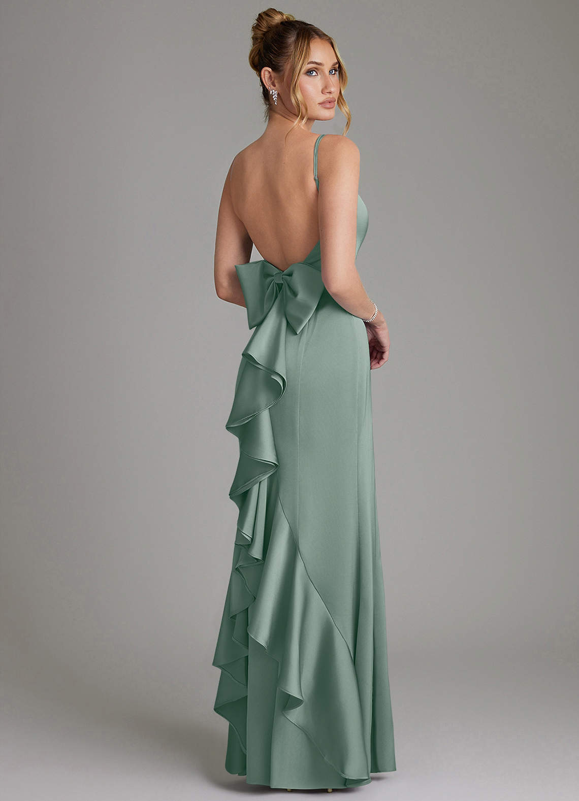Zherra Mermaid Scoop-Neck Stretch Satin Bridesmaid Dress in Silver Sage