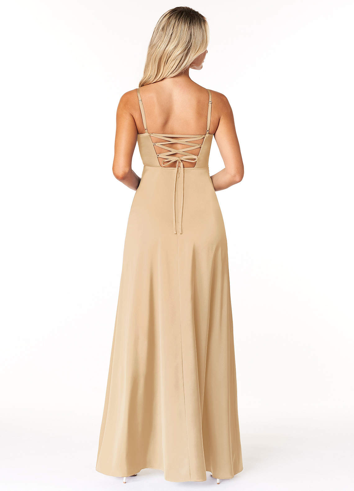 Marchella A-Line V-Neck Stretch Satin Bridesmaid Dress in Gold