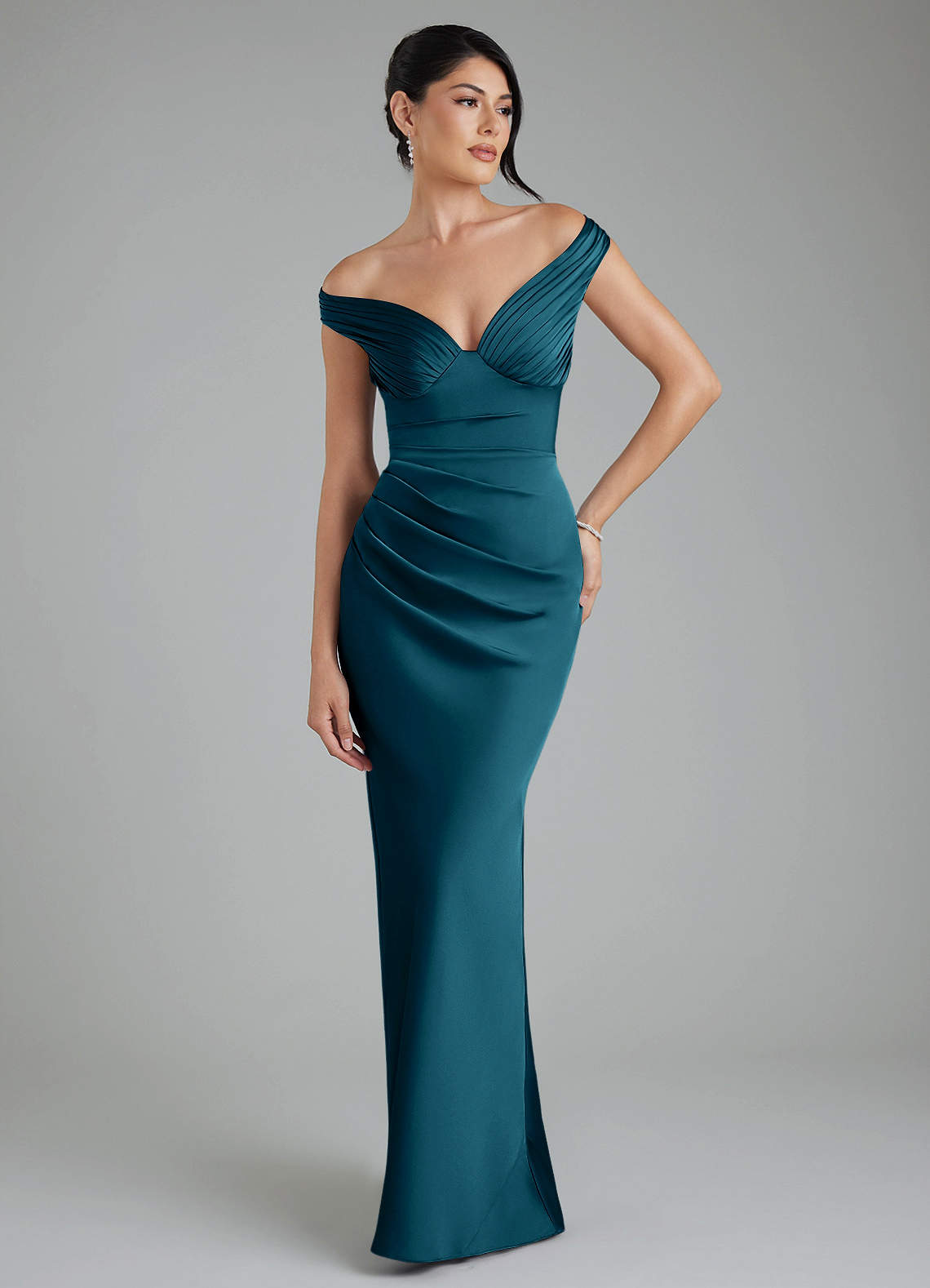 Stella Sheath V-Neck Stretch Satin Bridesmaid Dress in Ink Blue
