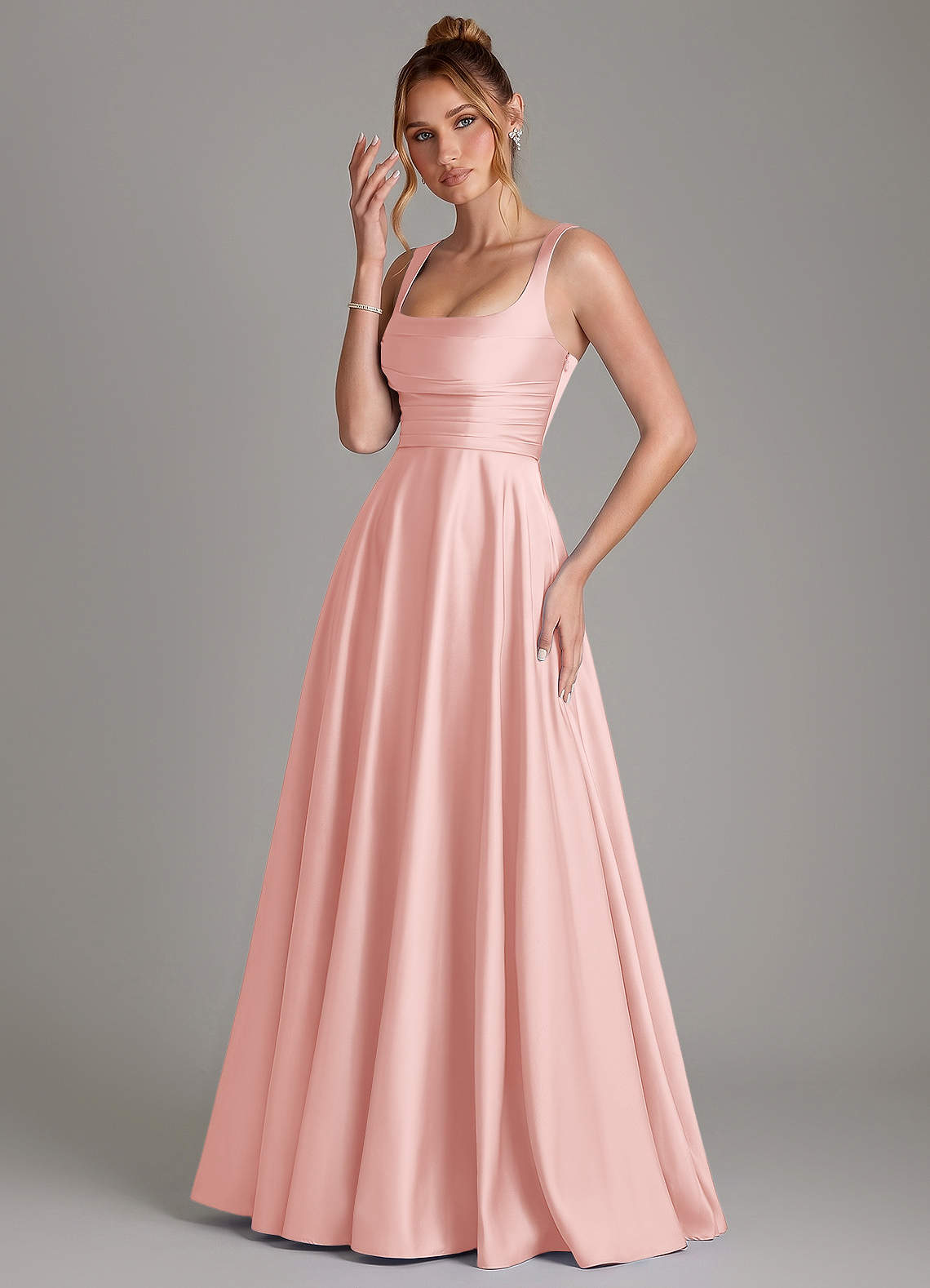 Azaria A-Line Square-Neck Stretch Satin Bridesmaid Dress in Powder Pink