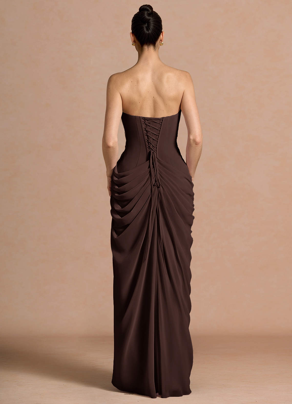 Kaavia Column Pleated Chiffon Maxi Evening Dress in Truffle