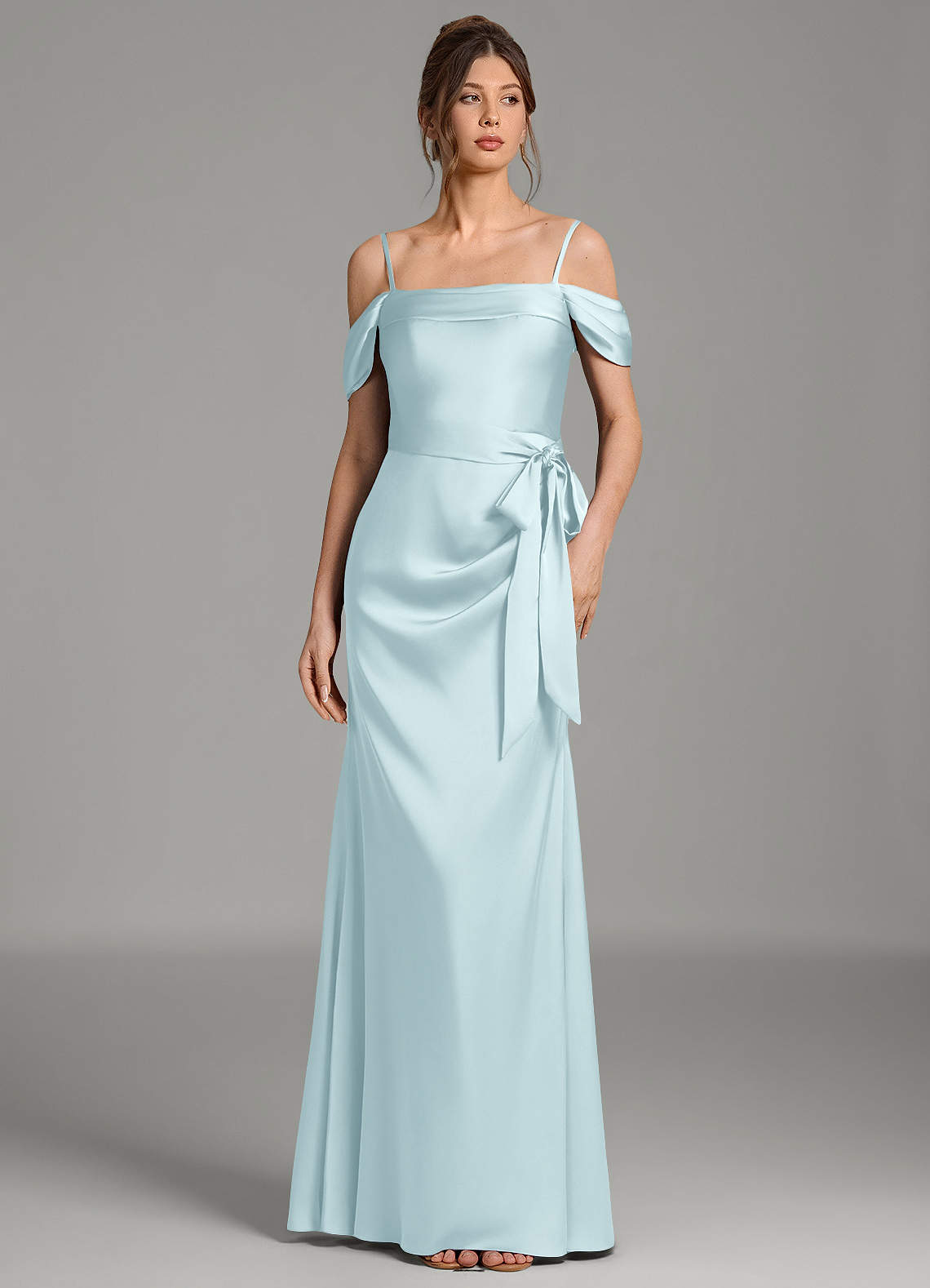 Wyatt Mermaid Off-the-Shoulder Stretch Satin Bridesmaid Dress in Cloud Blue