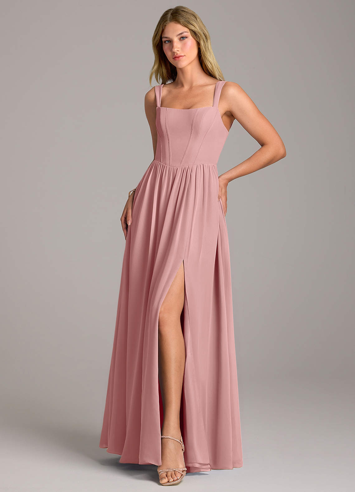 Rosaline A-Line Square-Neck Chiffon Bridesmaid Dress in dusty rose