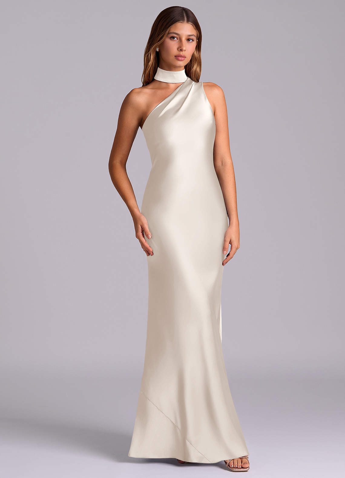 Seona Mermaid One-Shoulder Stretch Satin and Tulle Bridesmaid Dress in White Alabaster