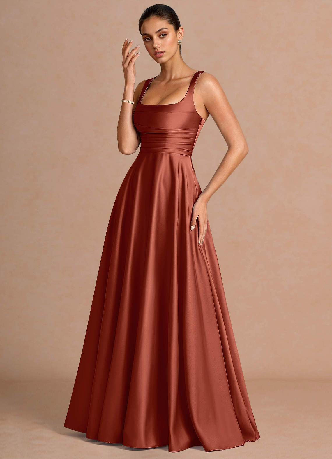 Azaria A-Line Square-Neck Stretch Satin Wedding Guest Dress in Haze blue