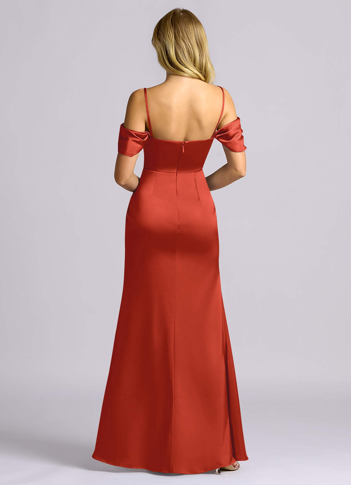Auden Sheath Off-the-Shoulder Stretch Satin Bridesmaid Dress in Rust