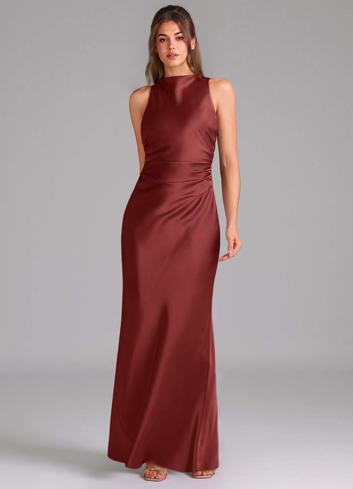 Evadne Sheath Scoop-Neck Stretch Satin Bridesmaid Dress in Terracotta