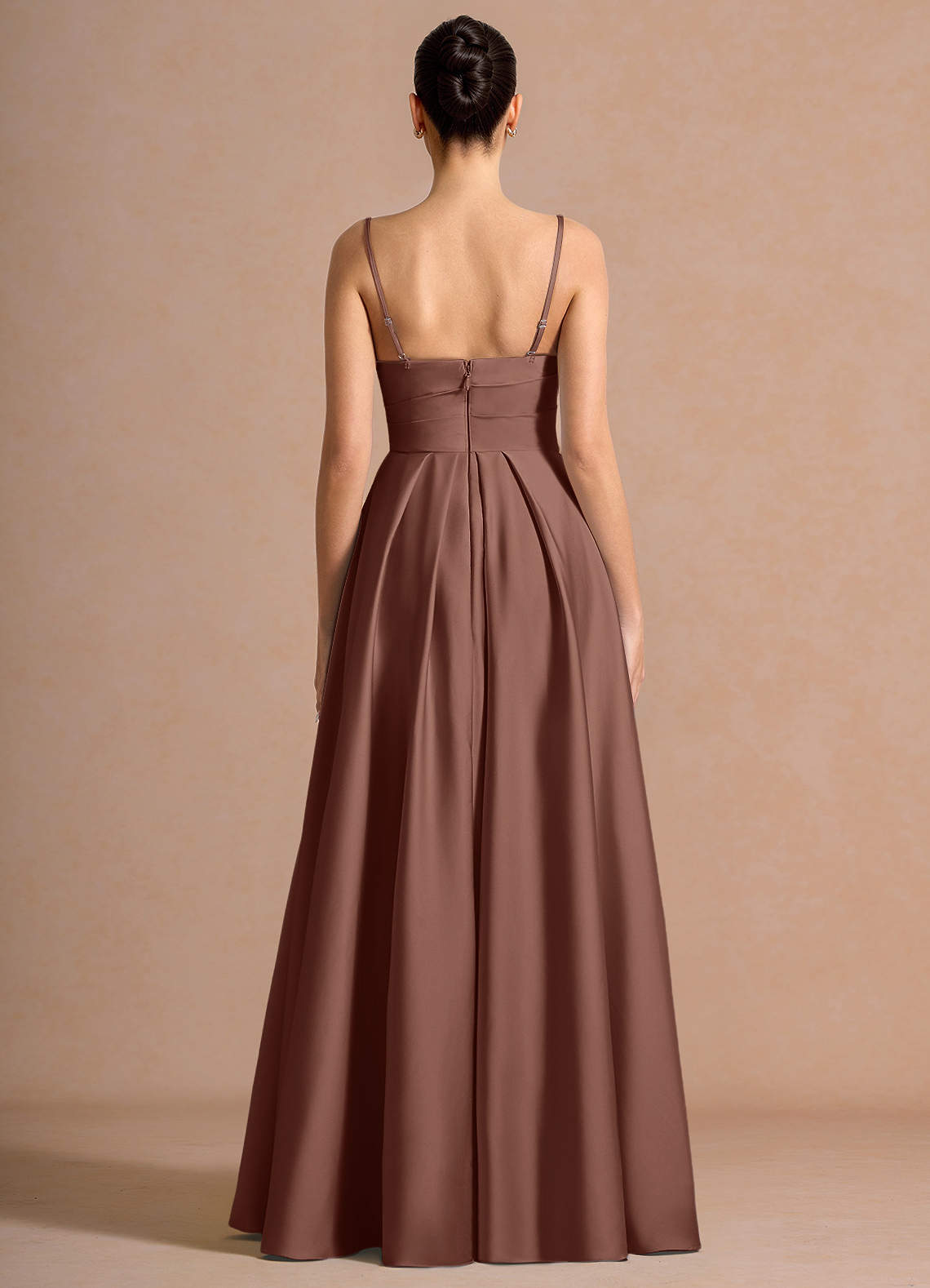 Nancy A-Line V-Neck Stretch Satin and Chiffon Evening Dress in Mocha Coco