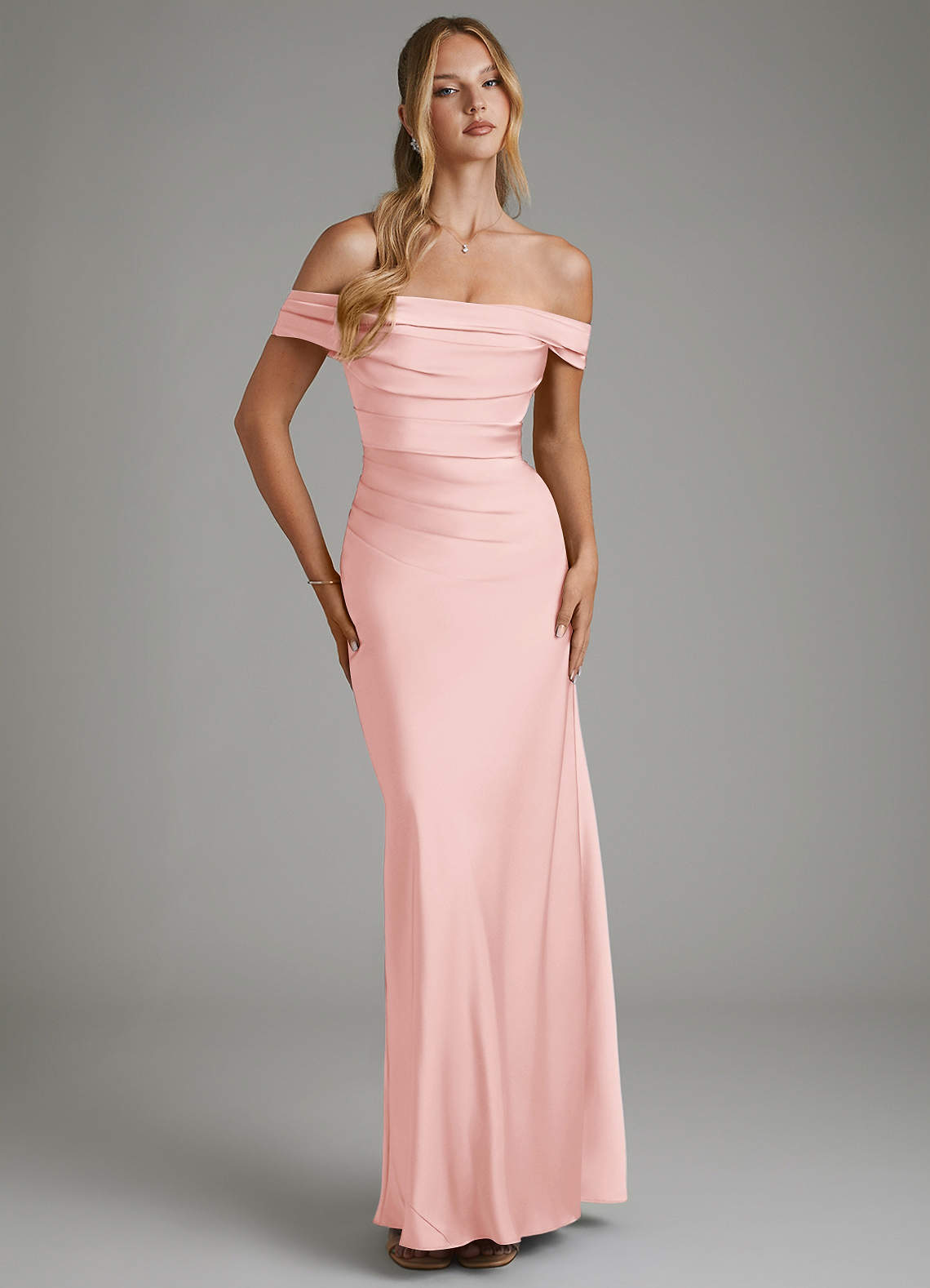 Hayden Mermaid Off-the-Shoulder Stretch Satin Bridesmaid Dress in Powder Pink