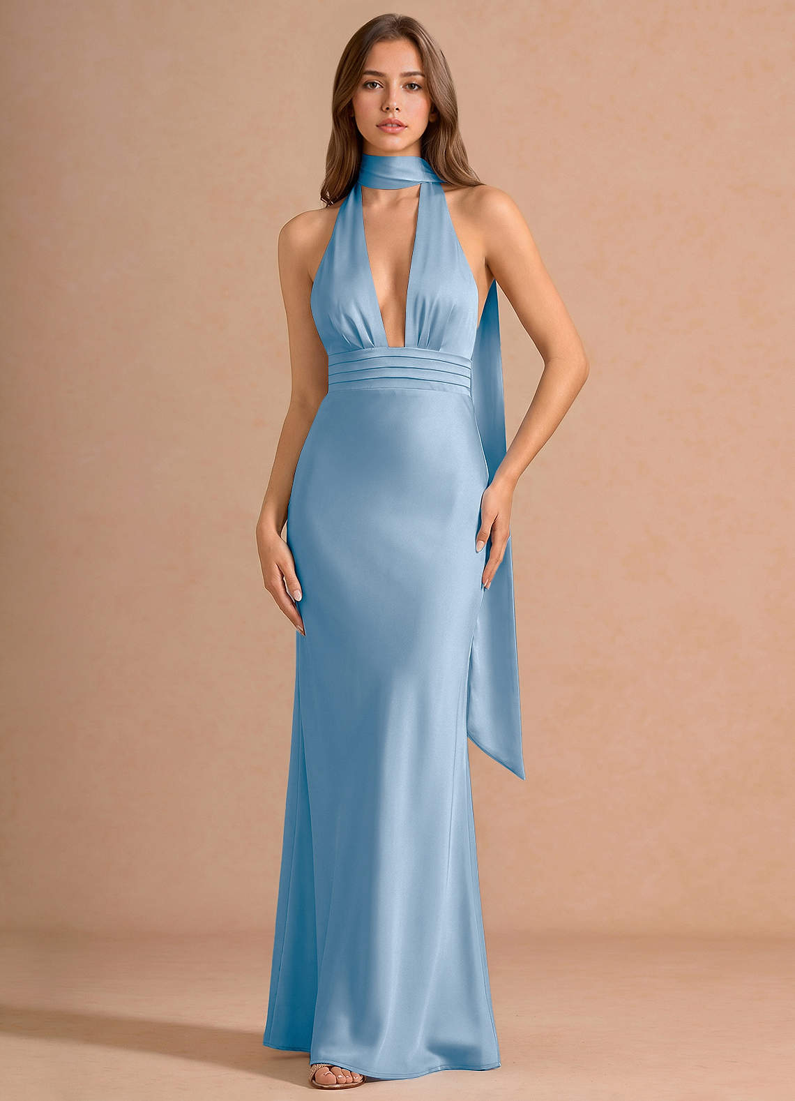 Linnea A-Line V-Neck Stretch Satin Evening Dress in Haze Pink