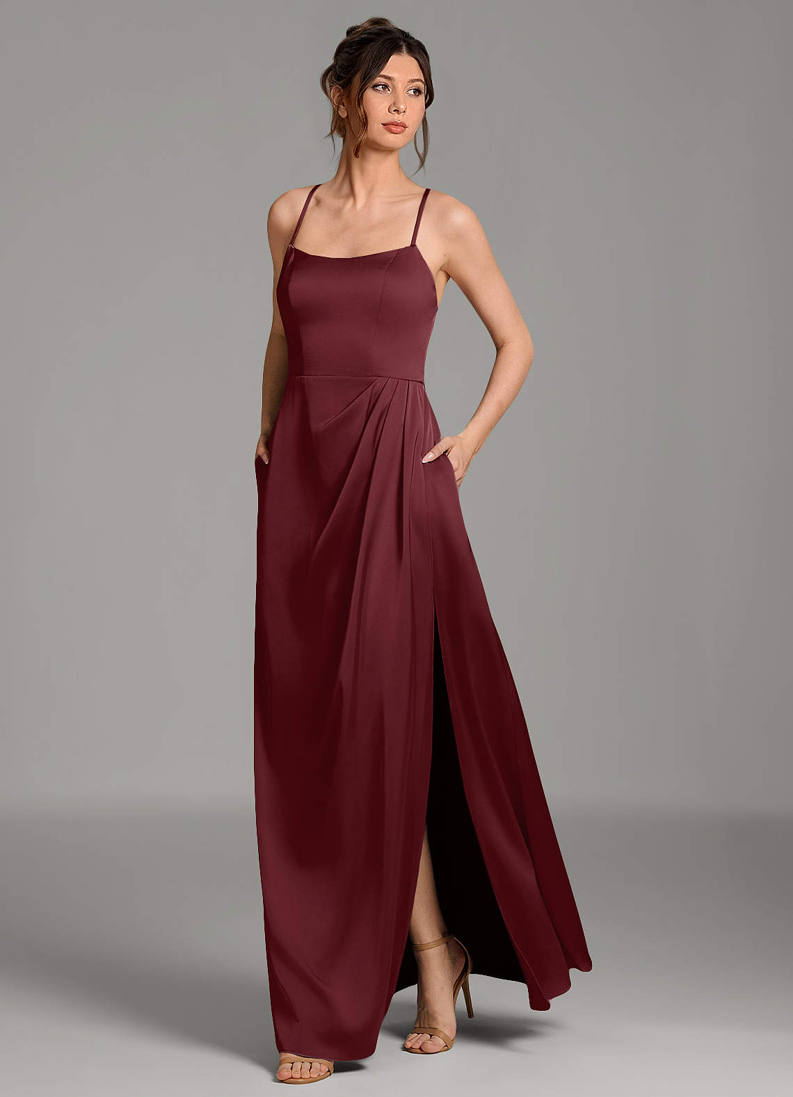 Frankie A-Line Scoop-Neck Stretch Satin Bridesmaid Dress in Cabernet