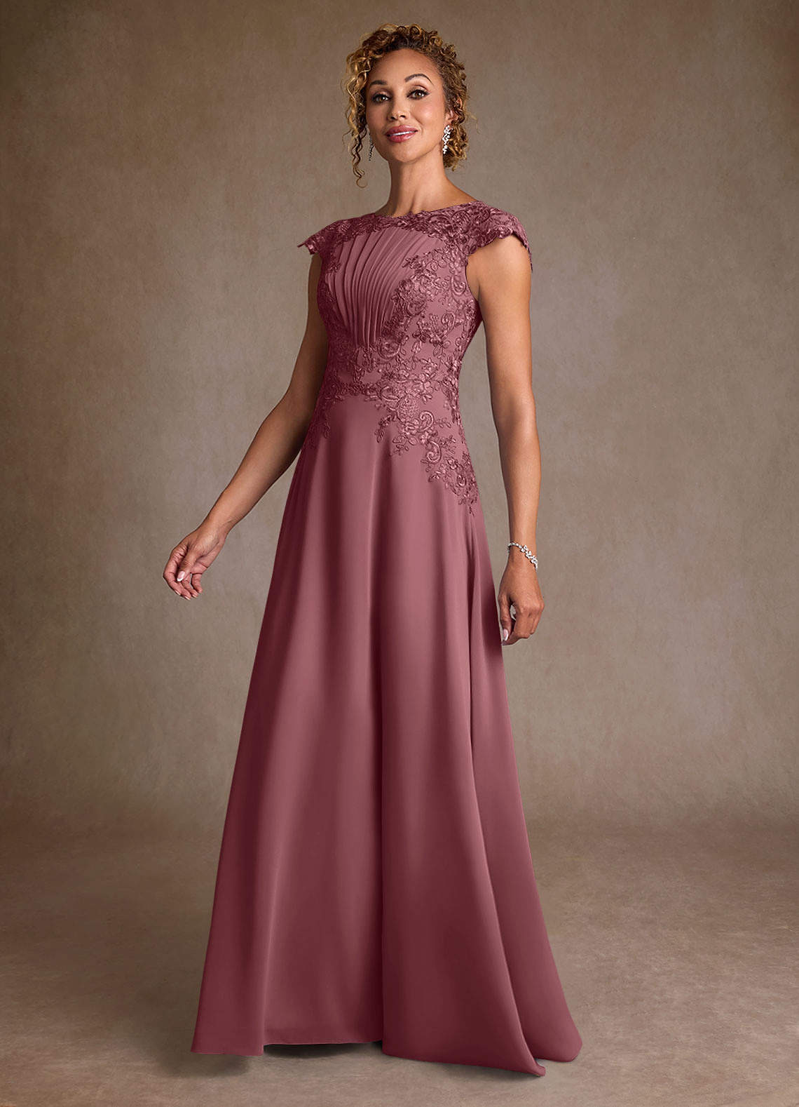 Christi A-Line Scoop-Neck Chiffon and Lace Mother of the Bride Dress in Desert Rose