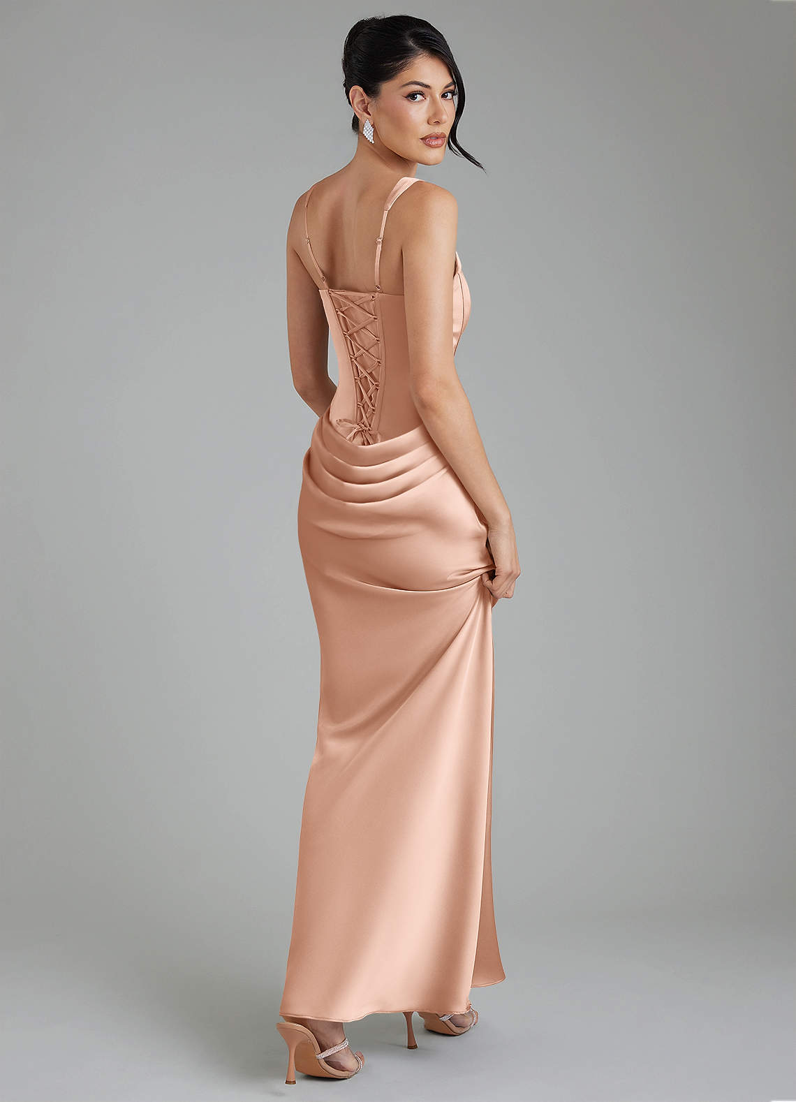 Etta Mermaid Square-Neck Stretch Satin Bridesmaid Dress in rose gold