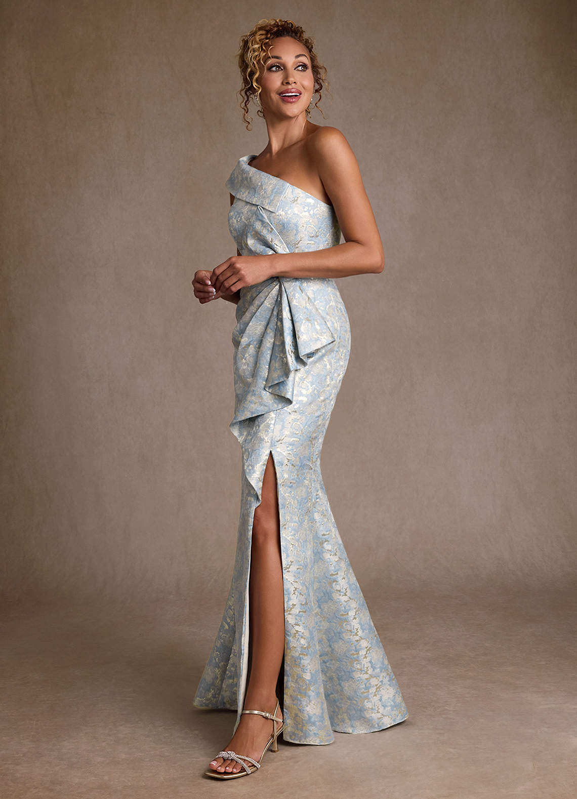 Hampton Mermaid One-Shoulder Jacquard Mother of the Bride Dress in dusty blue
