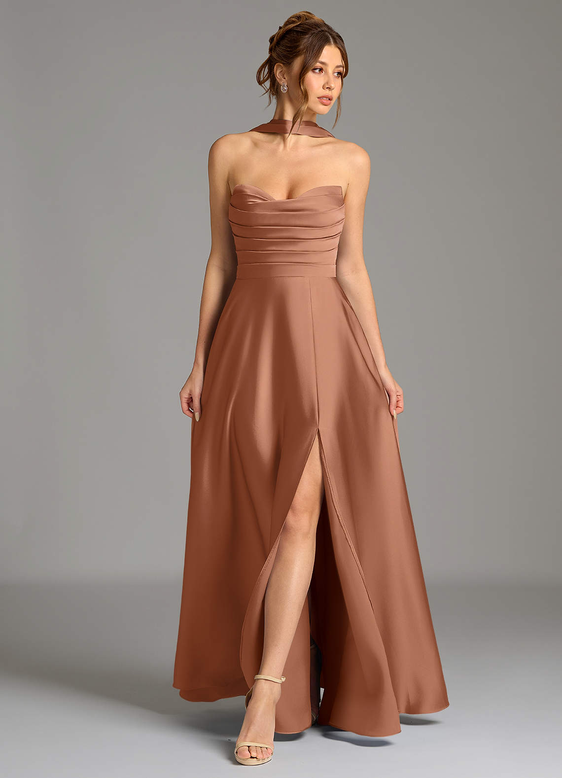 Ayla A-Line Sweetheart Stretch Satin Bridesmaid Dress in Bronzer
