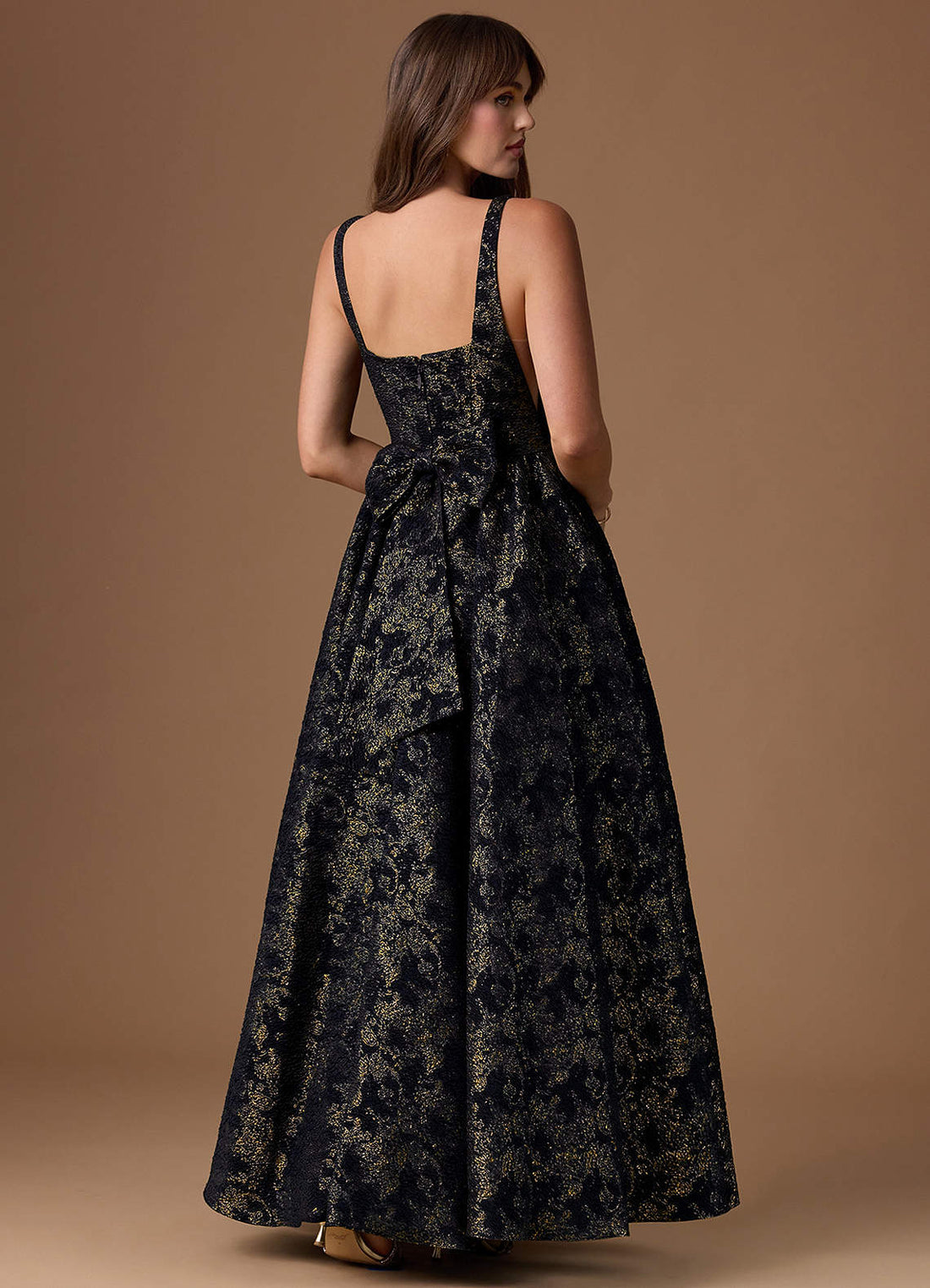 Bea A-Line Square-Neck Brocade Evening Dress in Gilded Midnight