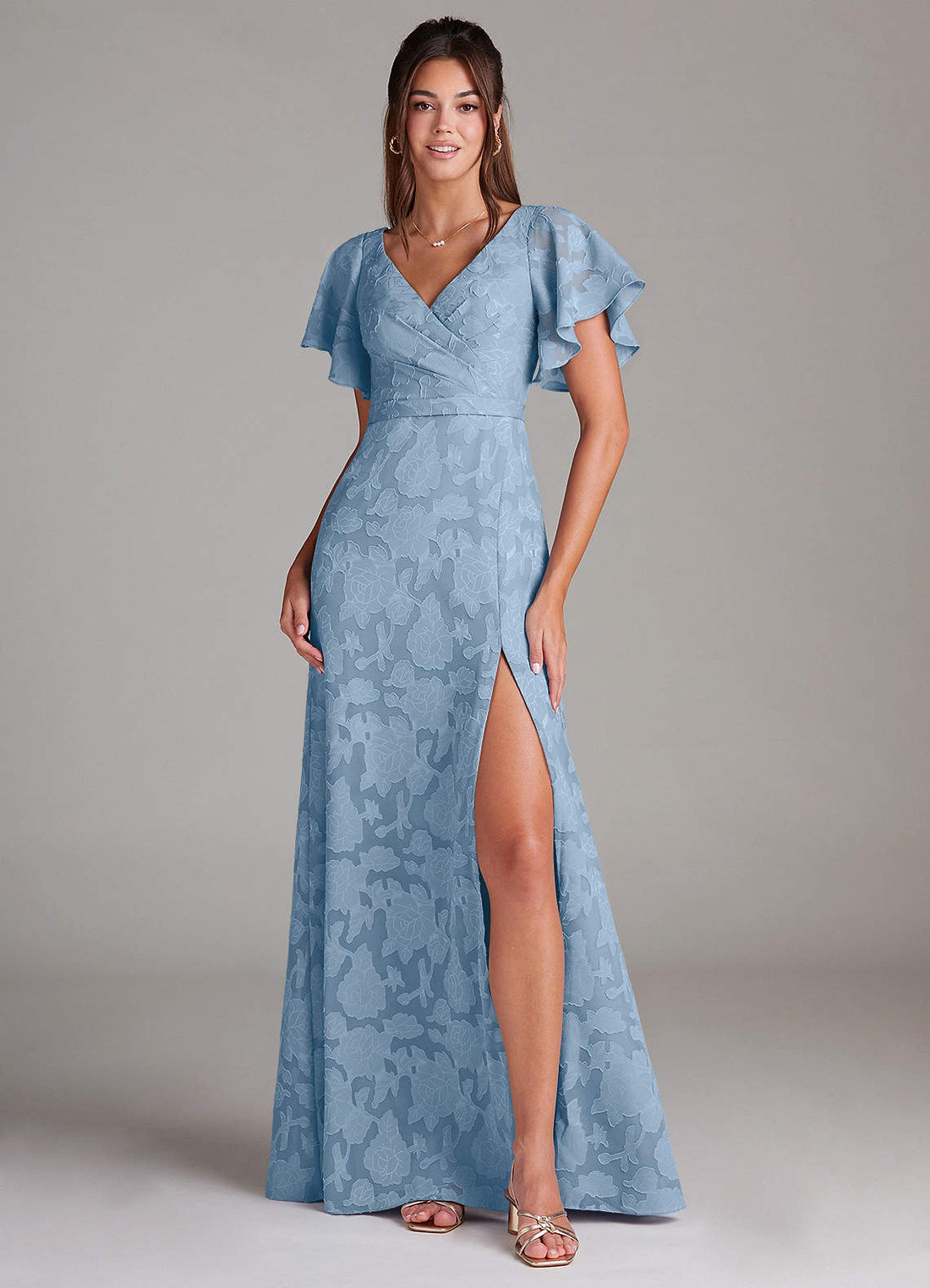 Ambrosia A-Line V-Neck Floral Burnout Bridesmaid Dress in Powder Blue