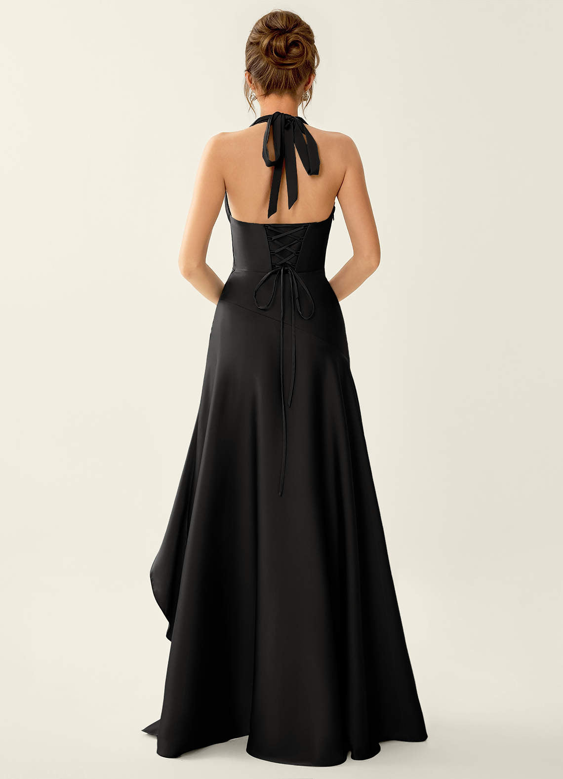 Titania Halter Asymmetric-Ruffle Satin Evening Dress in black