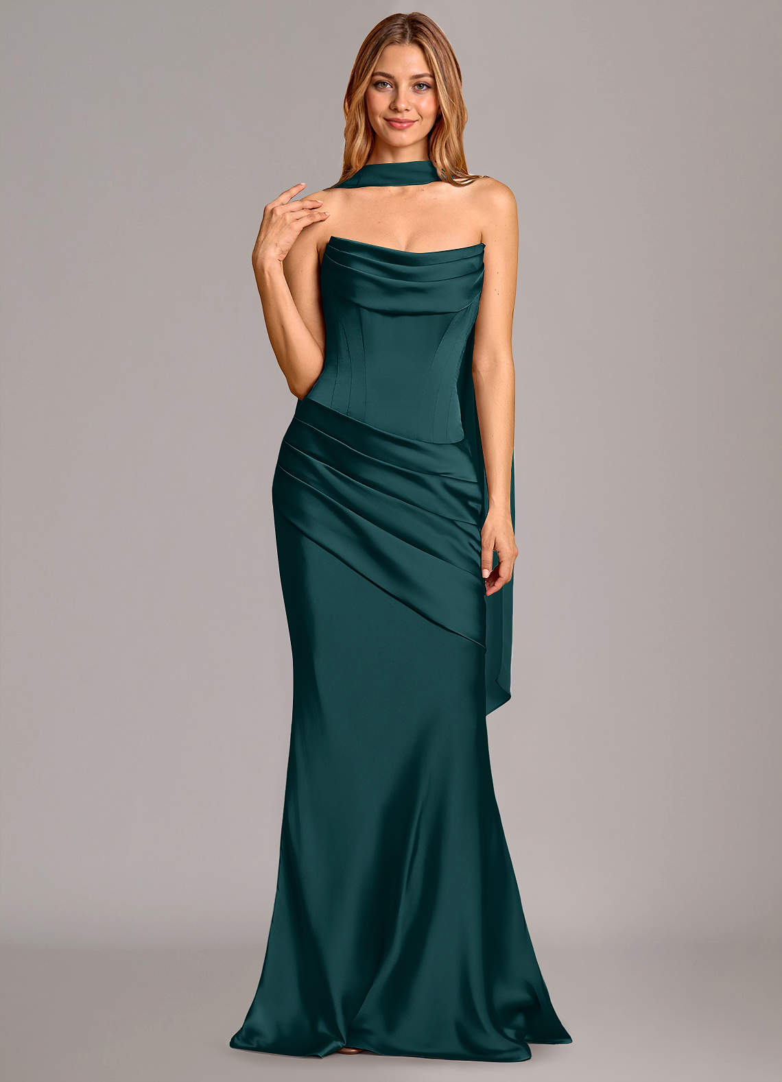 Pelagia Mermaid Cowl-Neck Stretch Satin Bridesmaid Dress in Pine