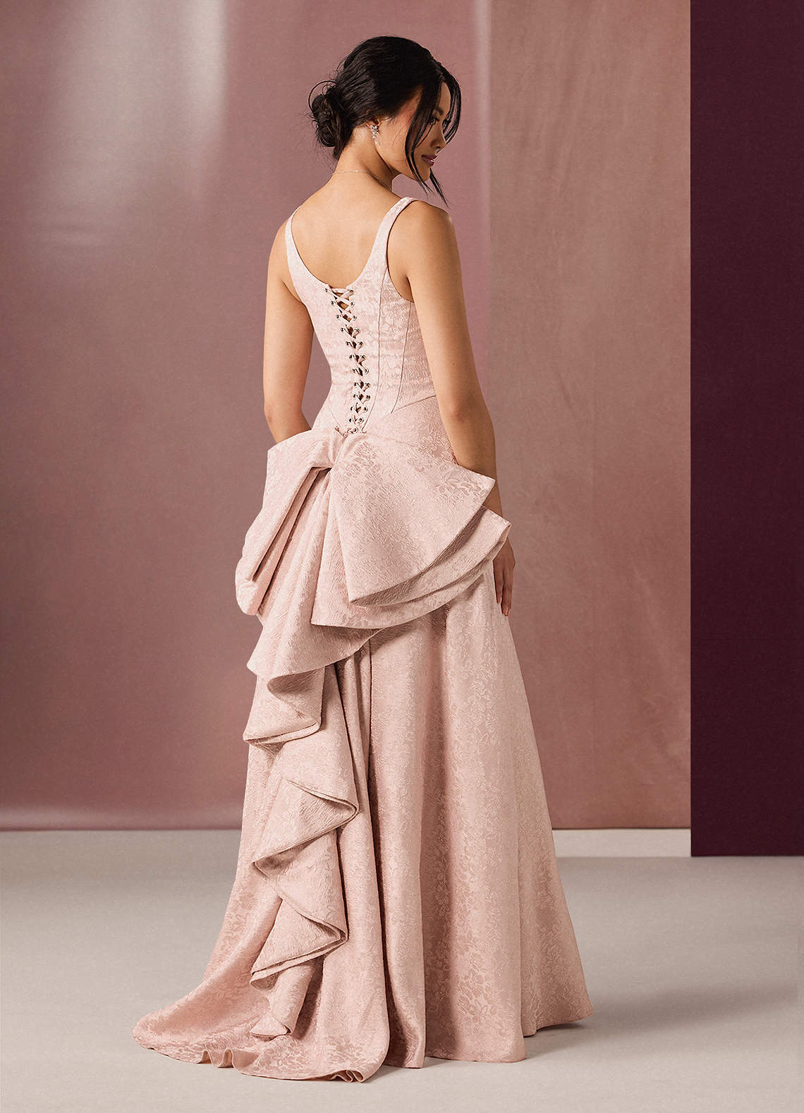 Satine Ball Gown V-Neck Jacquard Evening Dress in Blush Pink