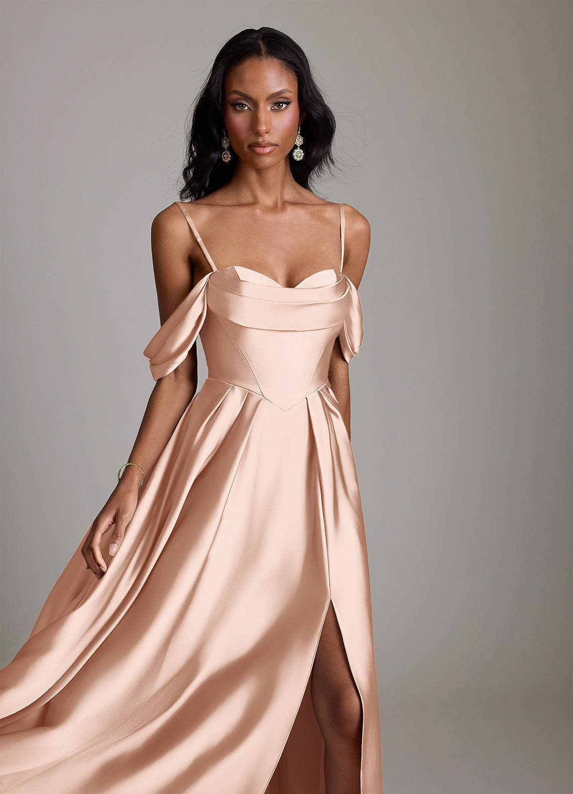 Loisa A-Line Off-the-Shoulder Stretch Satin Bridesmaid Dress in rose gold