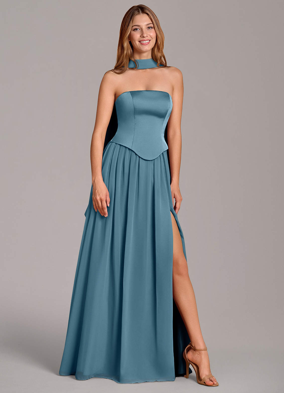 Cadence A-Line Strapless Chiffon and Stretch Satin Bridesmaid Dress in Bermuda