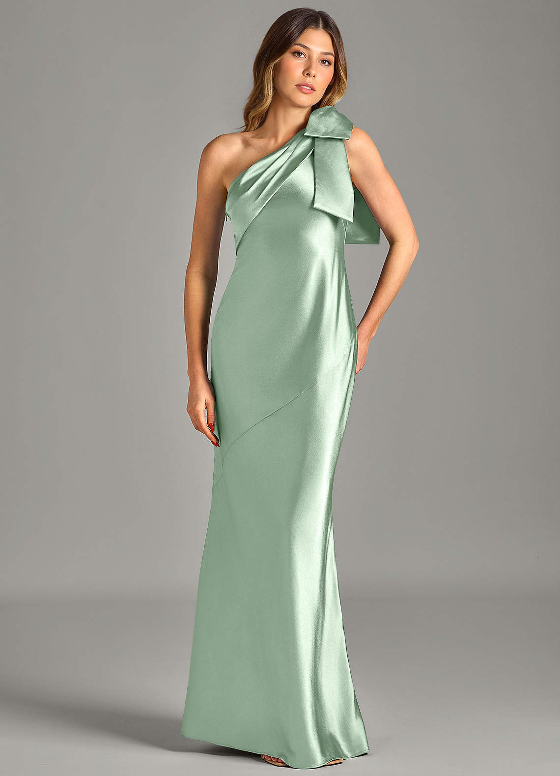 Yuanna Mermaid One-Shoulder Metallic Satin Bridesmaid Dress in Matcha