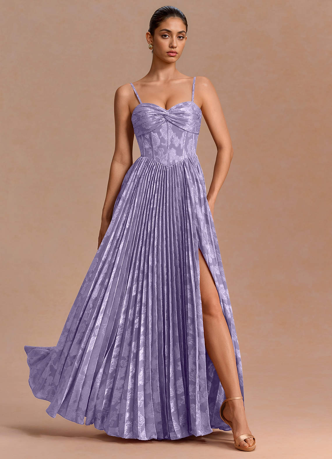 Delfina A-Line Twisted-Bust Fil Coupé Evening Dress in Lilac