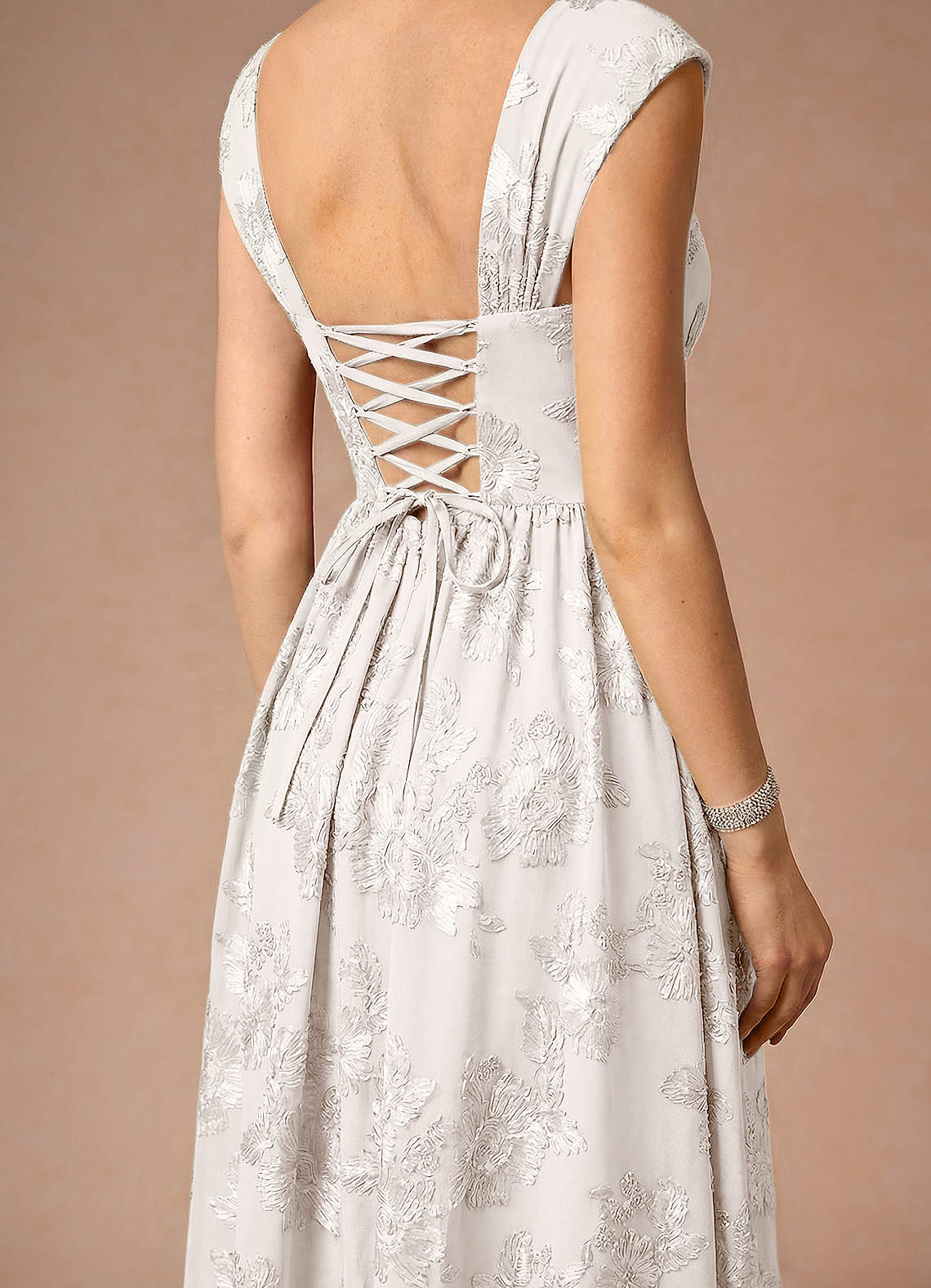 Hazel A-Line Cowl-Neck Floral Mesh Wedding Guest Dress in Cloud White