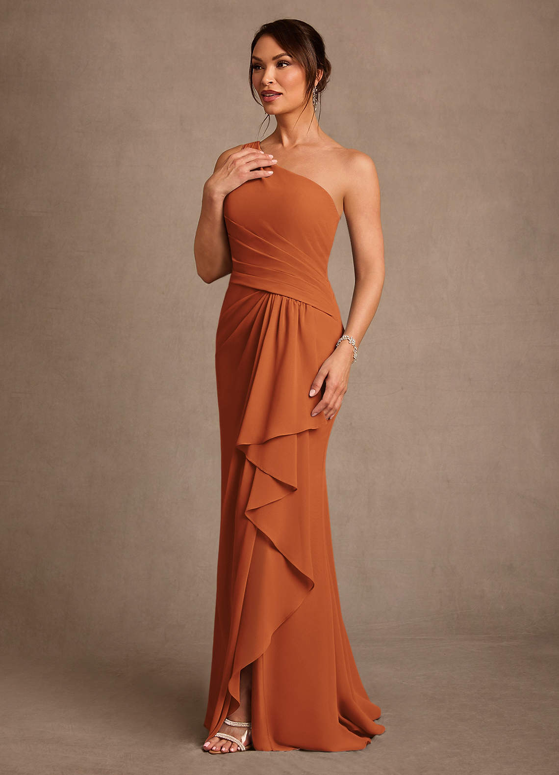 Floy Sheath One-Shoulder Chiffon Mother of the Bride Dress in Burnt Orange
