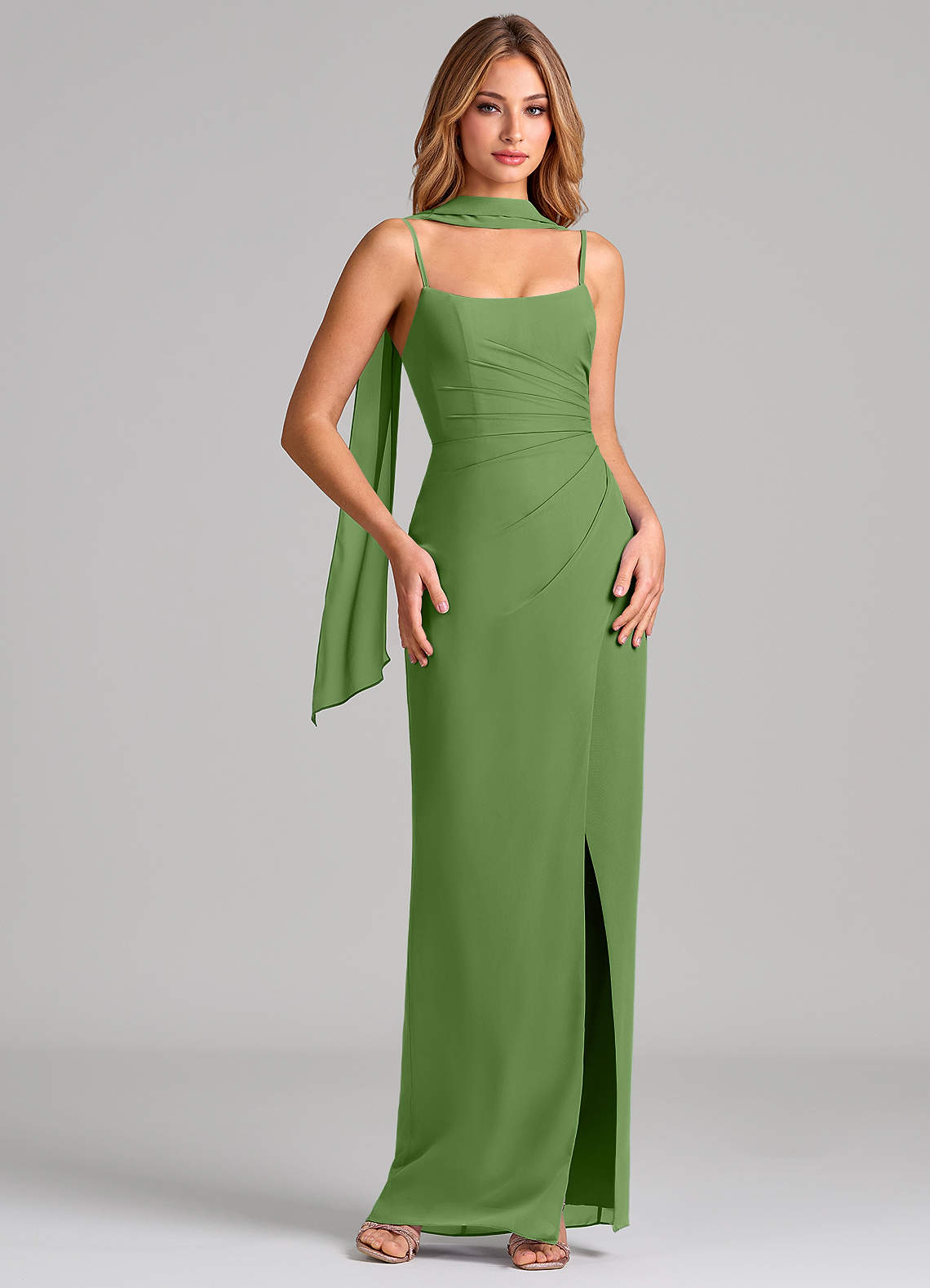 Calandra Sheath Scoop-Neck Chiffon Bridesmaid Dress in Basil